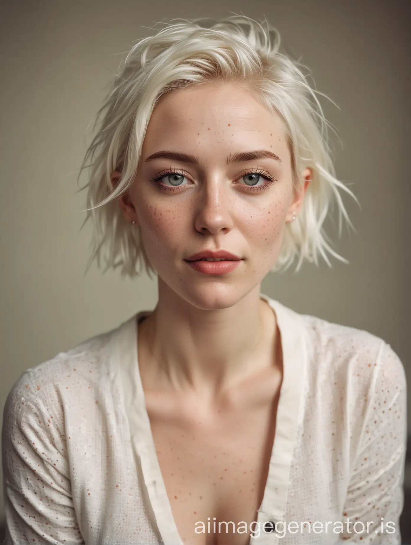  Portrait photo of a cute slim blonde woman, 36 years old, fair pale skin with freckles, short white hair, large breast, doting, pleasant face, Hasselblad photography style, wearing 90's rockstar clothes in the scenario masterpiece, highest quality, Fujifilm.