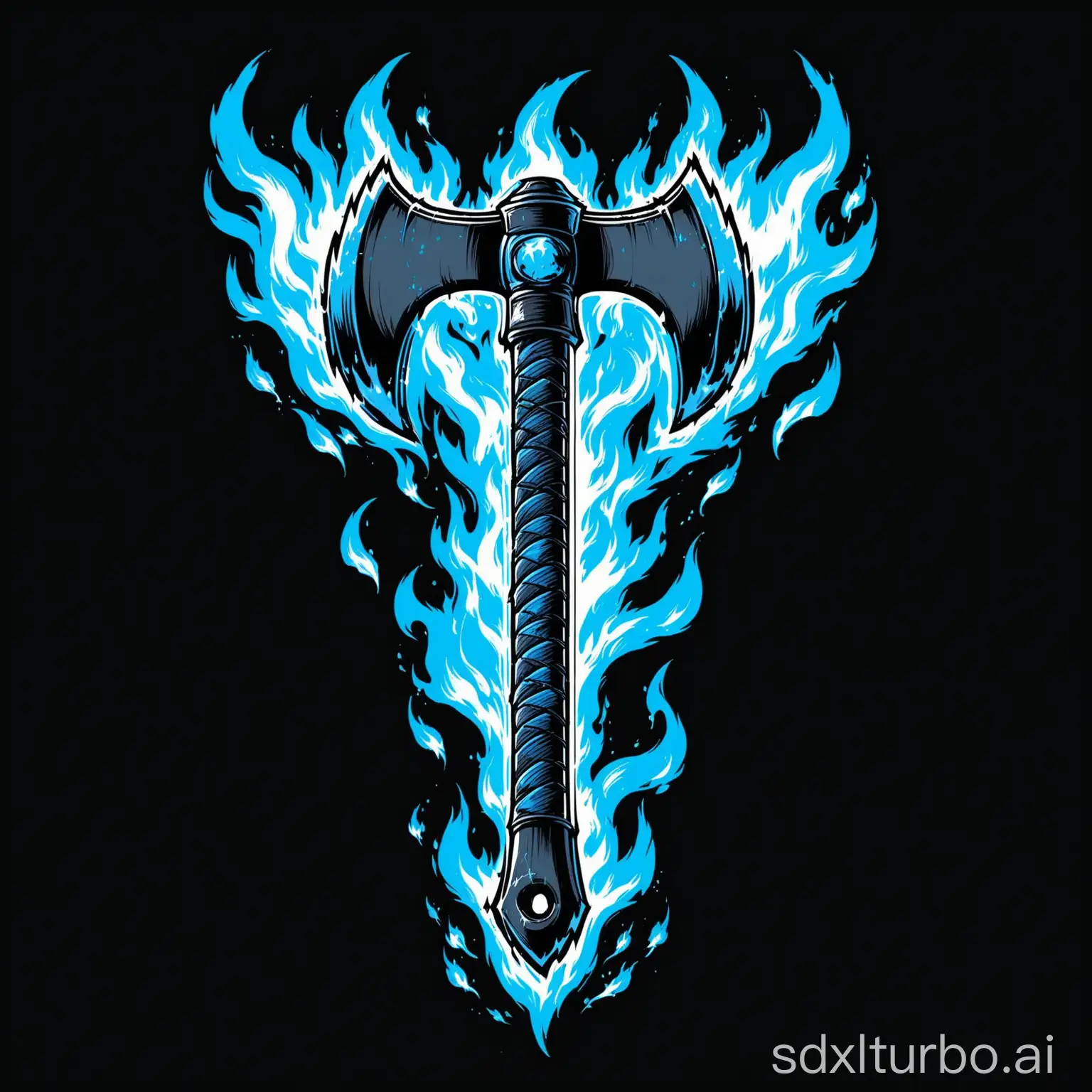 A blue-flaming double-sided axe on a uniform black background