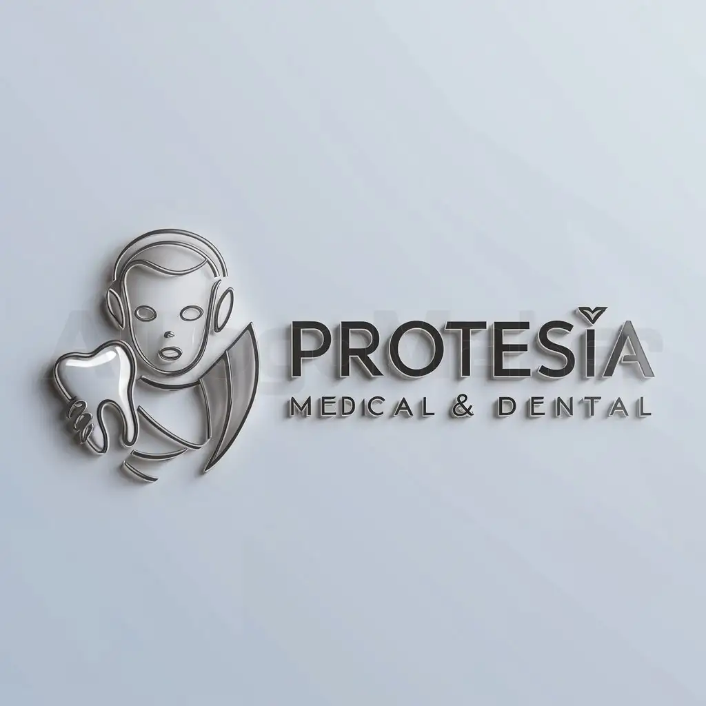 a logo design,with the text "ProtesIA", main symbol:Persona de Inteligencia Artificial holding a tooth,Minimalistic,be used in Medical Dental industry,clear background