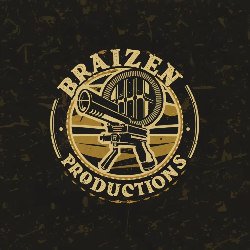 a logo design,with the text "Braizen Productions", main symbol:a tommmy gun with a filmreel as the round barrell clip for bulets,complex,be used in Entertainment industry,clear background