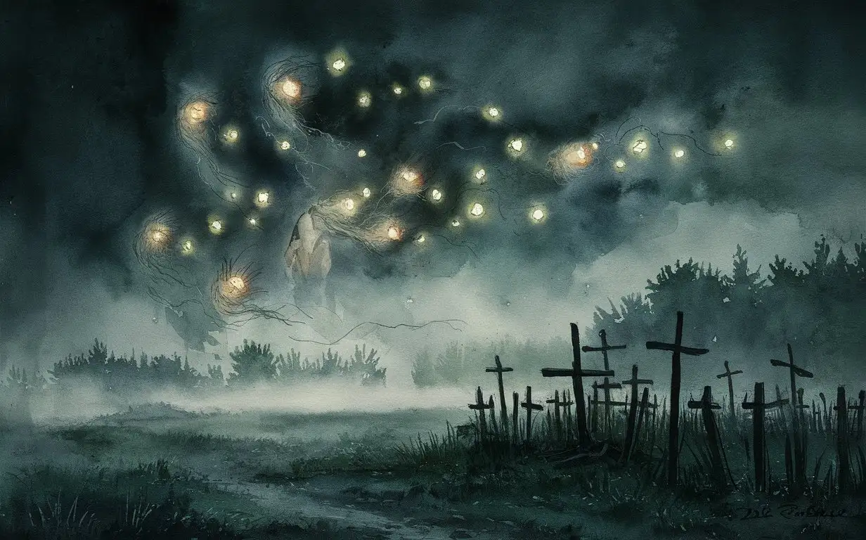 a mystical watercolor illustration of 'bludni ogni' or 'wandering lights' from Slavic mythology. The scene is set at night with small, glowing lights floating above a misty landscape. In the background faint outlines of a forest and an old abandoned Russian village cemetery with wooden crosses can be seen. The overall atmosphere is mysterious and slightly eerie, with soft, muted colors blending seamlessly to create a dreamlike quality.
