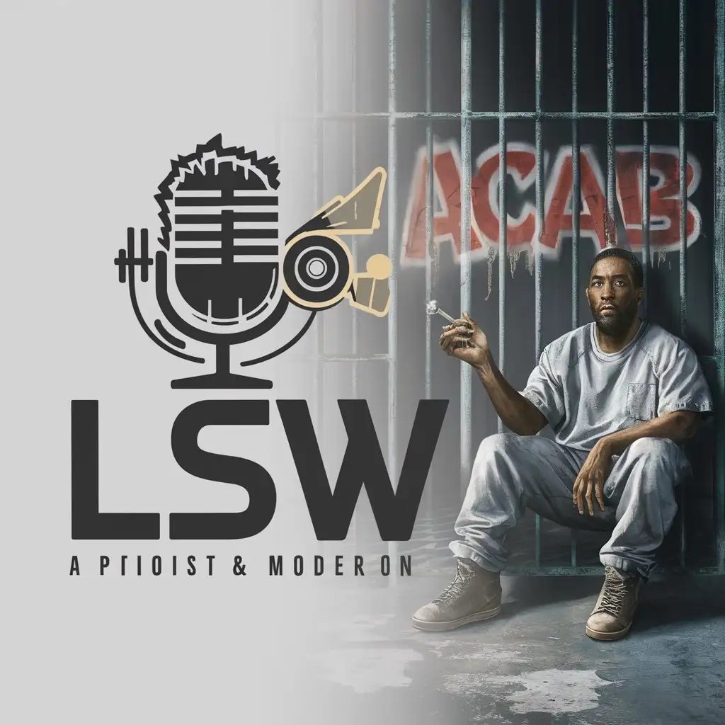 a logo design,with the text "LSW", main symbol:grafitti, microphone, tape recorder, figure prisoner with a joint in his hand, sitting on a in a prison cell, 'ACAB',Moderate,clear background