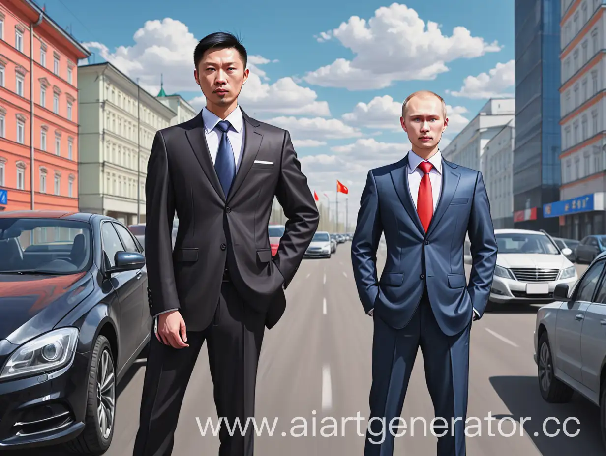Нарисуй китайца мужчину и русского мужчину в деловых костюмах на фоне автомобилей в России