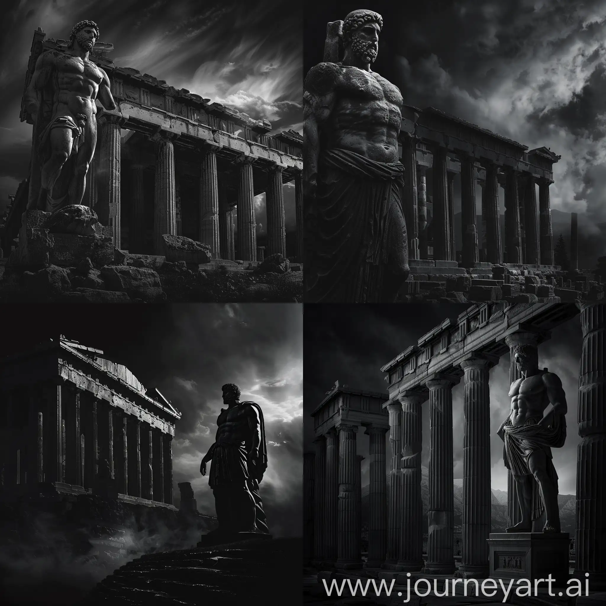 "A dark landscape image of an ancient greek society deeply connected to stoicism, black and white, ancient greek architecture, include one single big statue of a stereotypical strong greek man