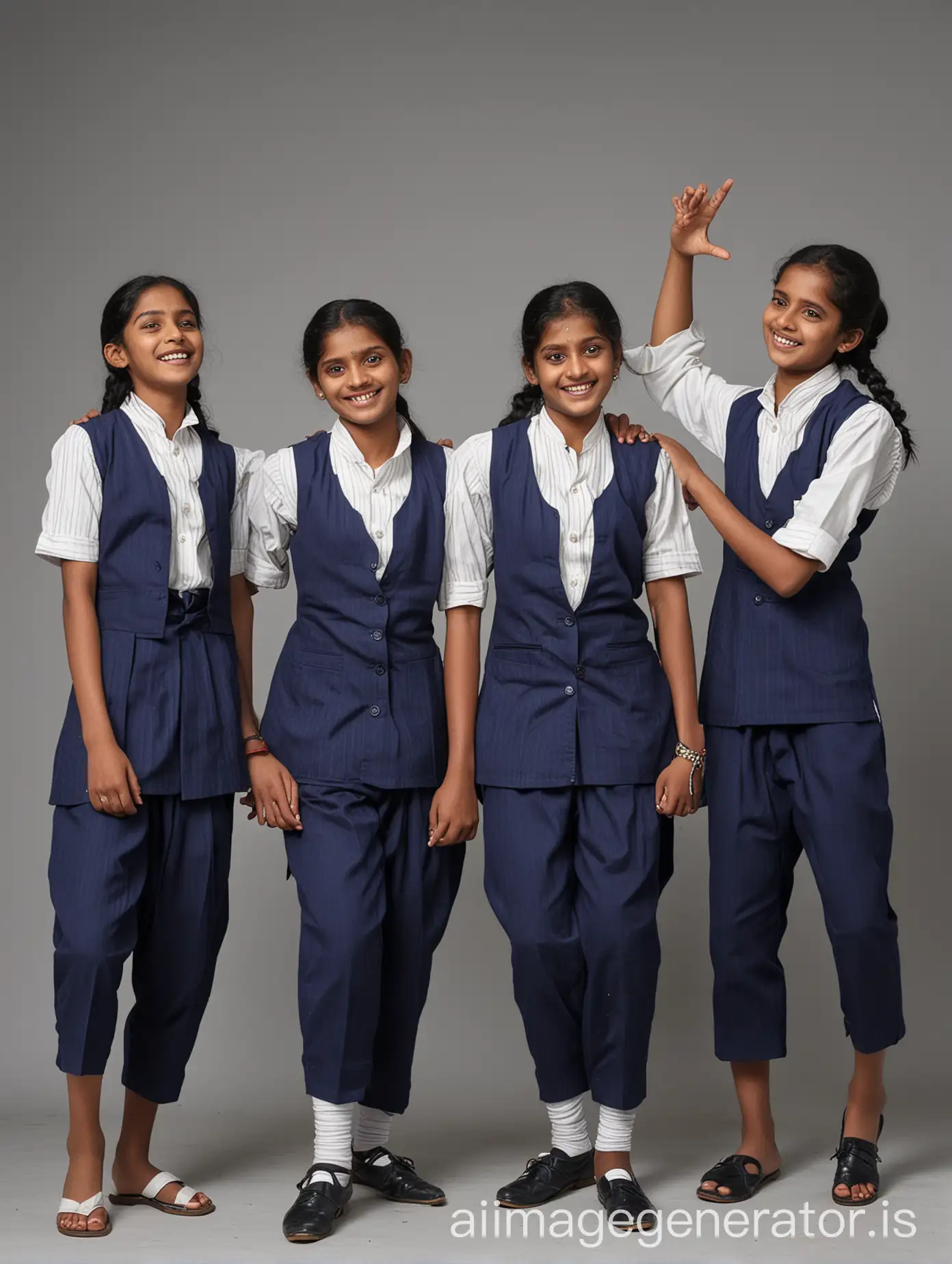 In Kerala, at least 5 teenage students celebrate the success of their 10th grade pass with dancing and jumping.

School uniform: dark blue pants.
Well tied dark blue sleeveless short jackets over long kurtas with white and light blue stripes and a simple mandarin collar.
dark blue pants.
White background.