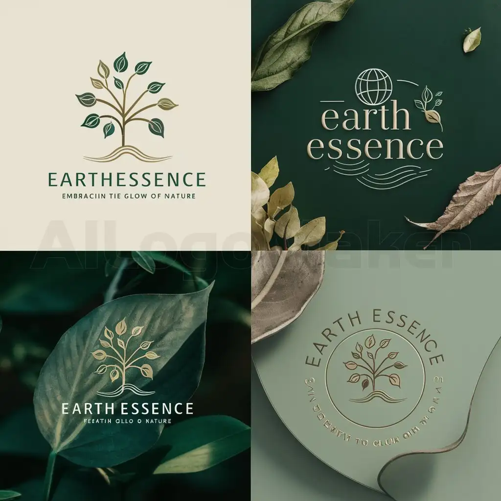 a logo design,with the text "EarthEssence embracing the glow", main symbol: Minimalistic Design Representing Nature; Including Earth Elements, Green and Brown Color Scheme, Elegant Typography, and Organic Textures

Symbol or Icon: A stylized leaf or tree, emphasizing nature. Consider incorporating earth elements like a globe or wave for sustainability and purity. An essence drop can be added to symbolize the natural and pure aspect of the products.

Color Scheme: Utilize various shades of green to represent nature, growth, and freshness. Include earth tones such as brown and beige to create a grounded, natural feel. Optionally, add hints of blue to symbolize water and purity.

Typography: Choose elegant, clean, modern sans-serif or serif fonts. Consider adding a slightly rustic or organic touch to convey the natural aspect. Ensure the company name "Earth Essence" is clear and prominent.

Style: A harmonious blend of modern and organic elements, minimalistic yet impactful design. Versatile enough for use on various mediums (packaging, website, social media, etc.)

Additional Elements: Incorporate subtle natural textures such as wood grain or leaf veins for added depth. Smooth, flowing lines can evoke a sense of calm and purity.

Overall Feel: The logo should inspire trust, tranquility, and a strong connection to nature. Inviting and suggesting high-quality and pure products from Earth Essence.

Inspirational Keywords: Natural, Pure, Sustainable, Elegant, Fresh, Eco-friendly, Harmony, Organic,Moderate,be used in Beauty Spa industry,clear background