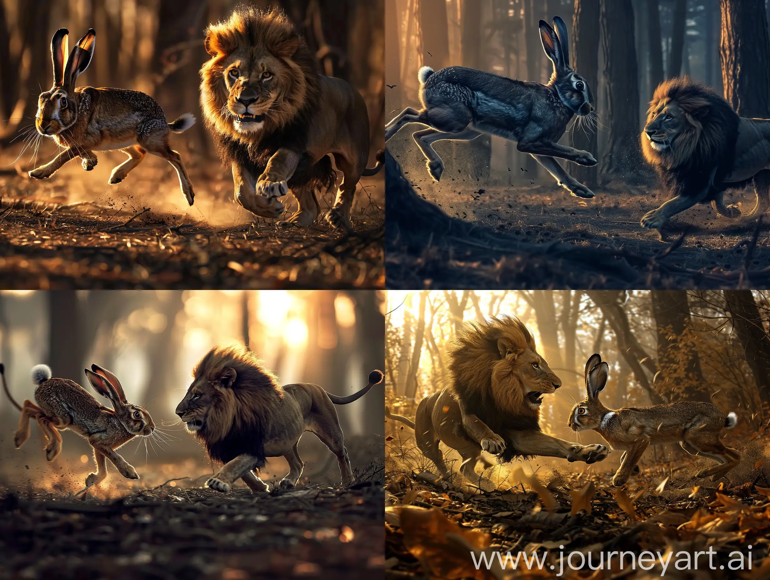 Muscular-Hare-Chasing-Lion-at-Dawn-in-Forest