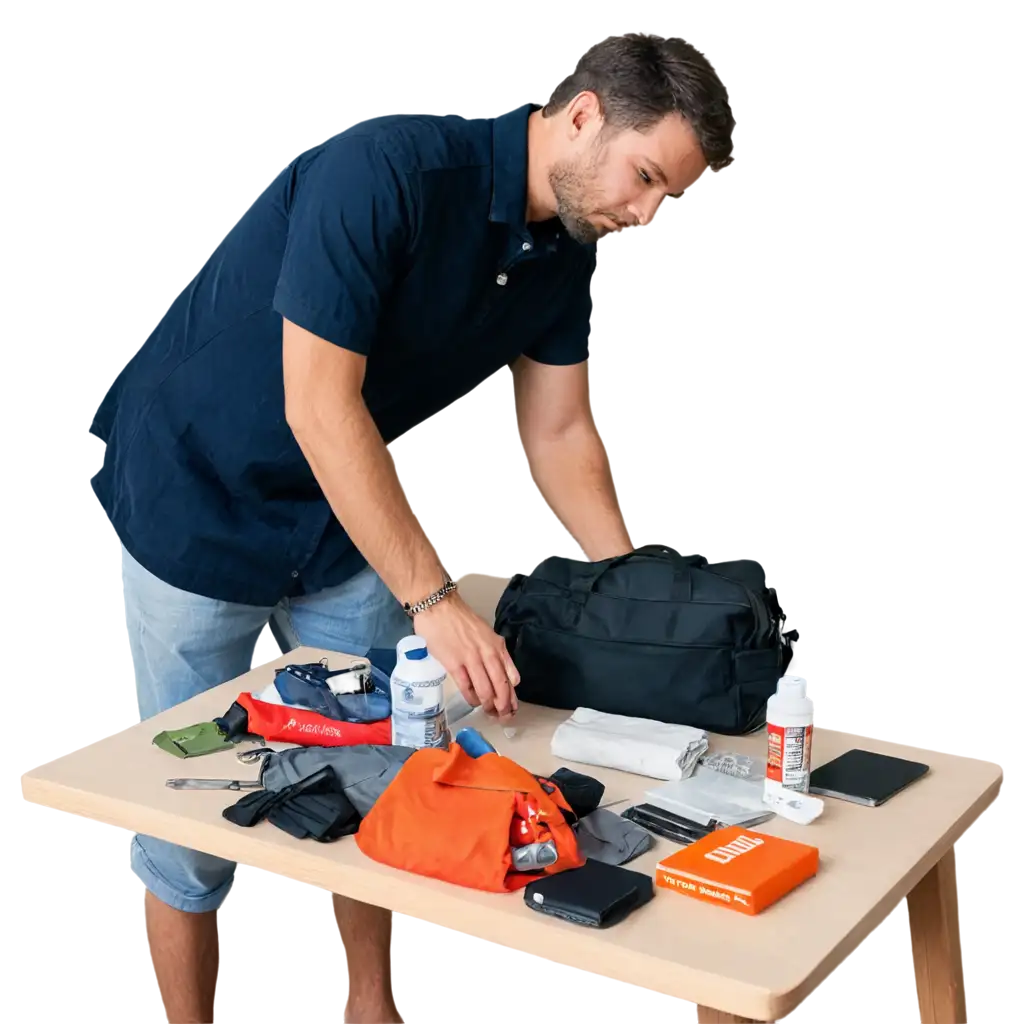 Man packing an emergency go bag on a table with his supplies on the table