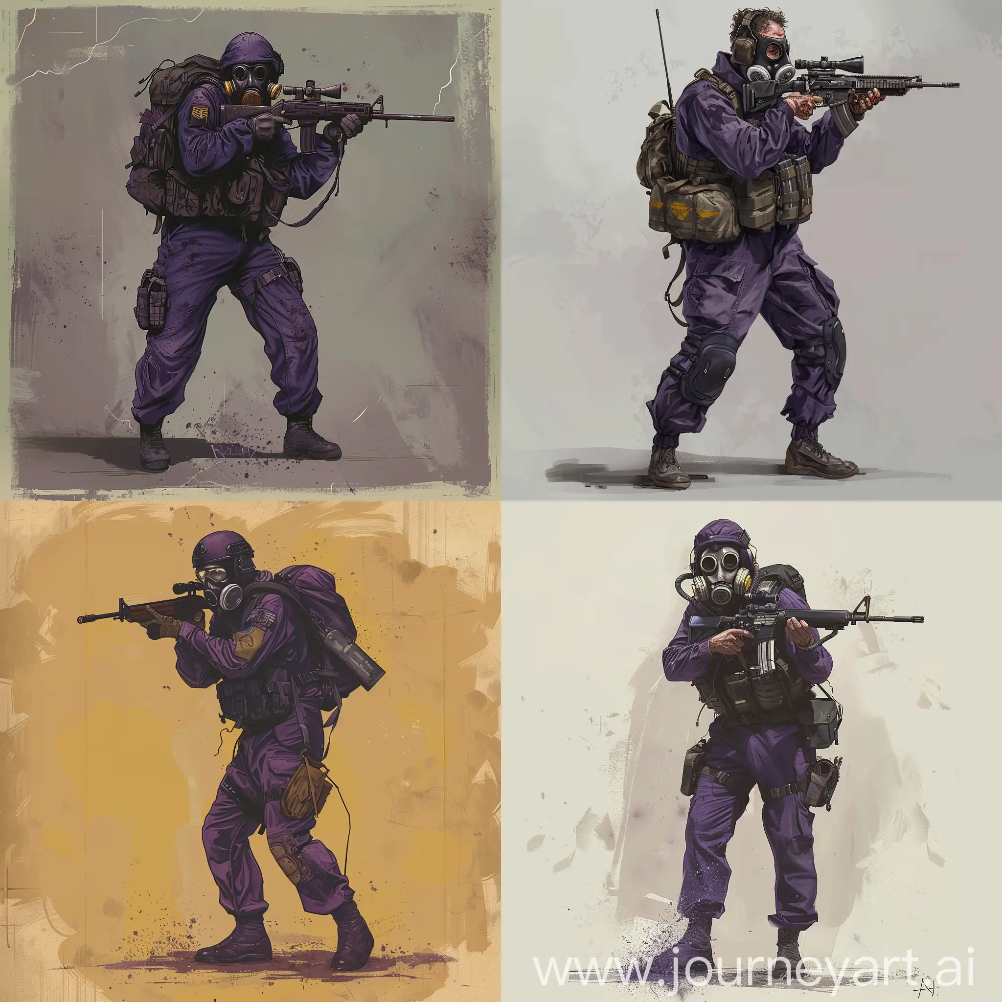 Concept character art, 1978 year SAS operator, dark purple military jumpsuit, hazmat protective gasmask on his face, small military backpack, military unloading on his body, sniper rifle in his hands.