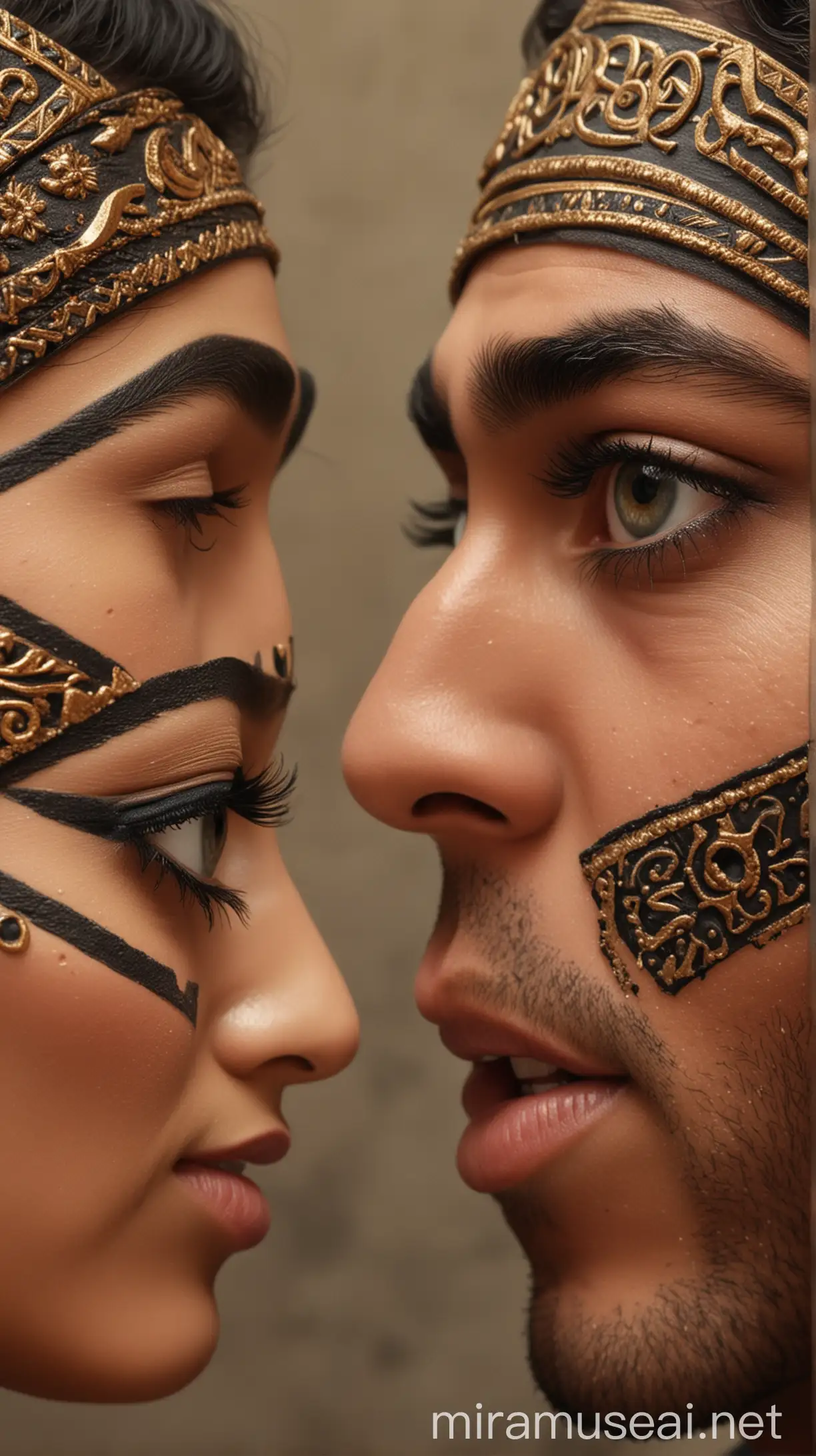 An image of an Egyptian man and woman applying kohl around their eyes, with intricate designs extending from the corners of their eyes to the sides of their faces. hyper realistic