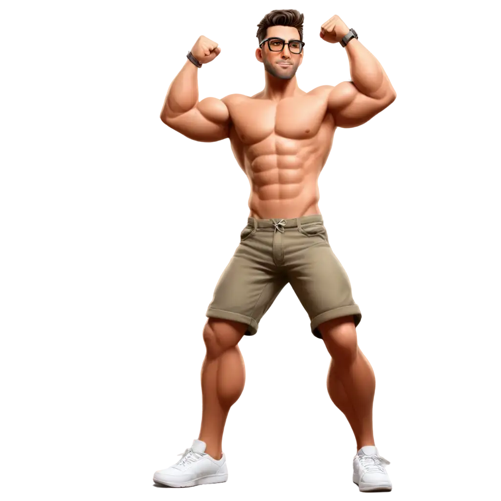cartoon muscle man wearing glasses shirtless shorts cargo pants white shoes yoga pose