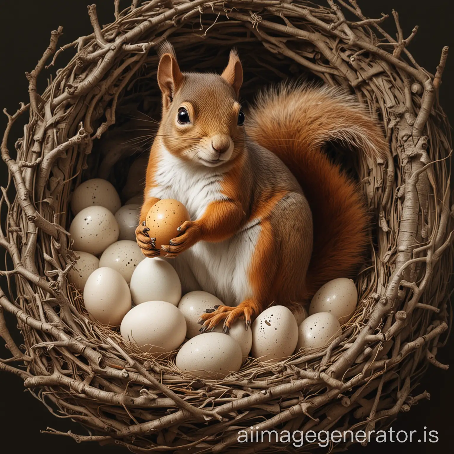 Draw a Squirrel protecting an egg in its hands and sitting on a nest filled with more eggs.