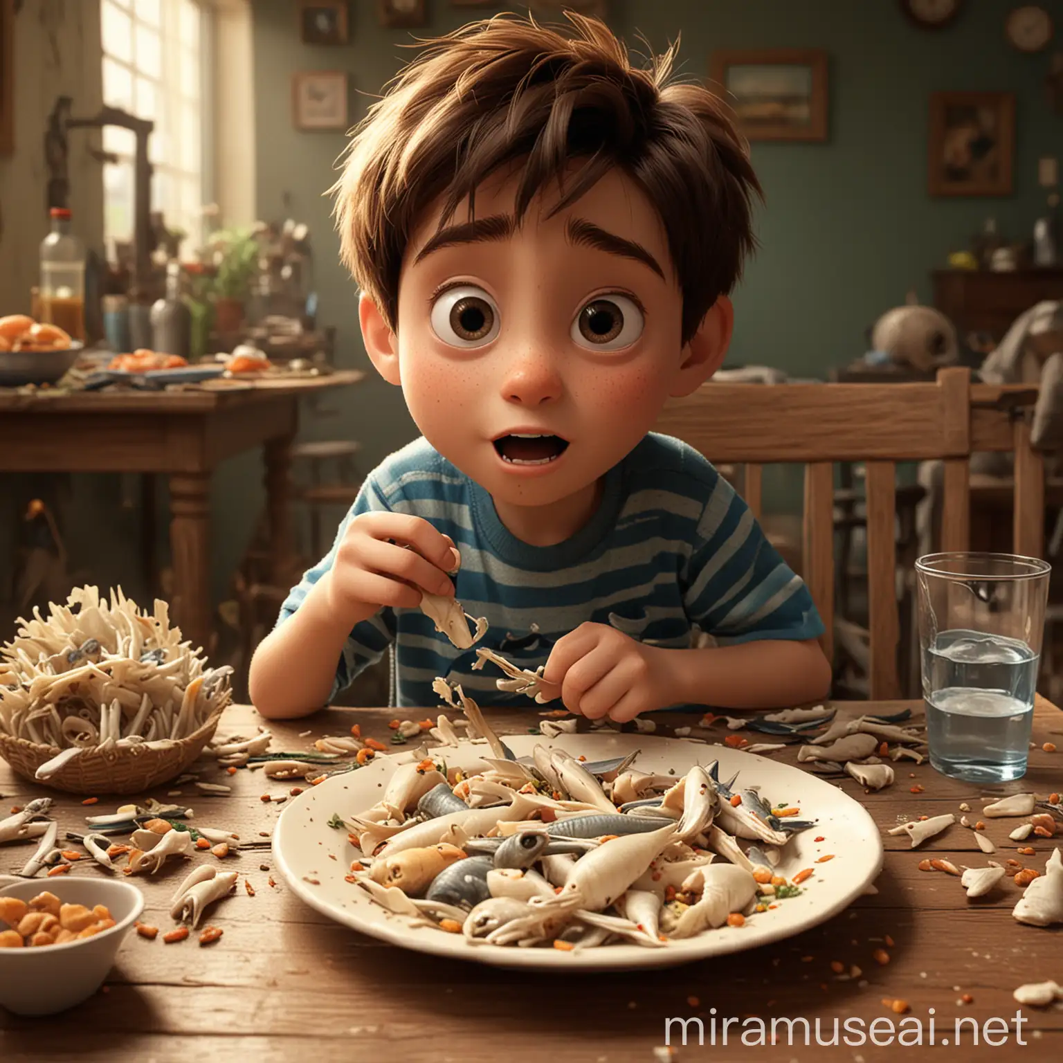 A boy is eating fish, and there are still fish bones all over the table，pixar style