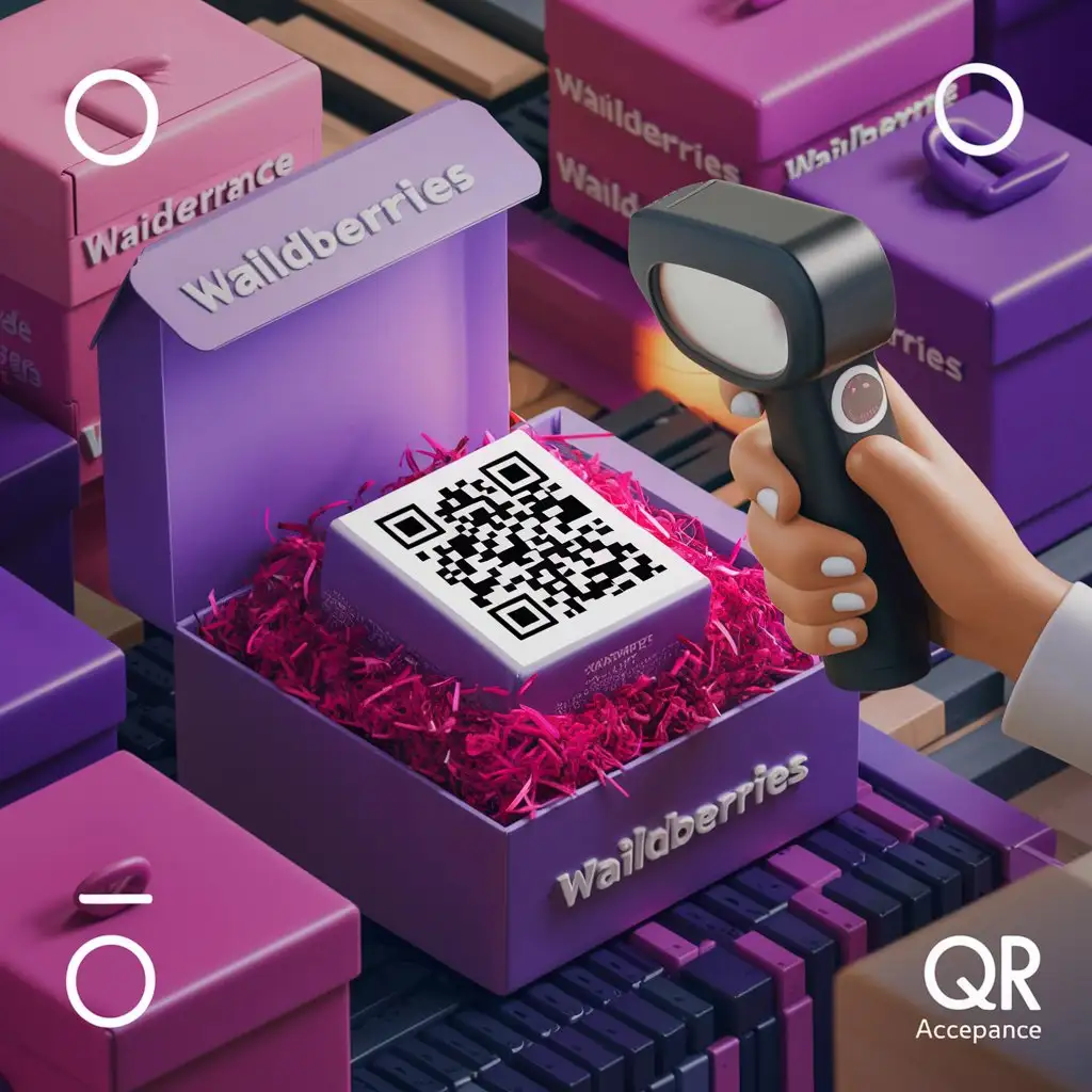 маркетплейс Waildberries, сотрудник считывает сканером qr код  на товаре, рядом коробки с товаром, все в фиолетовых и фуксия цветах, в стиле 3d иллюстраций и надписью QR приемка 