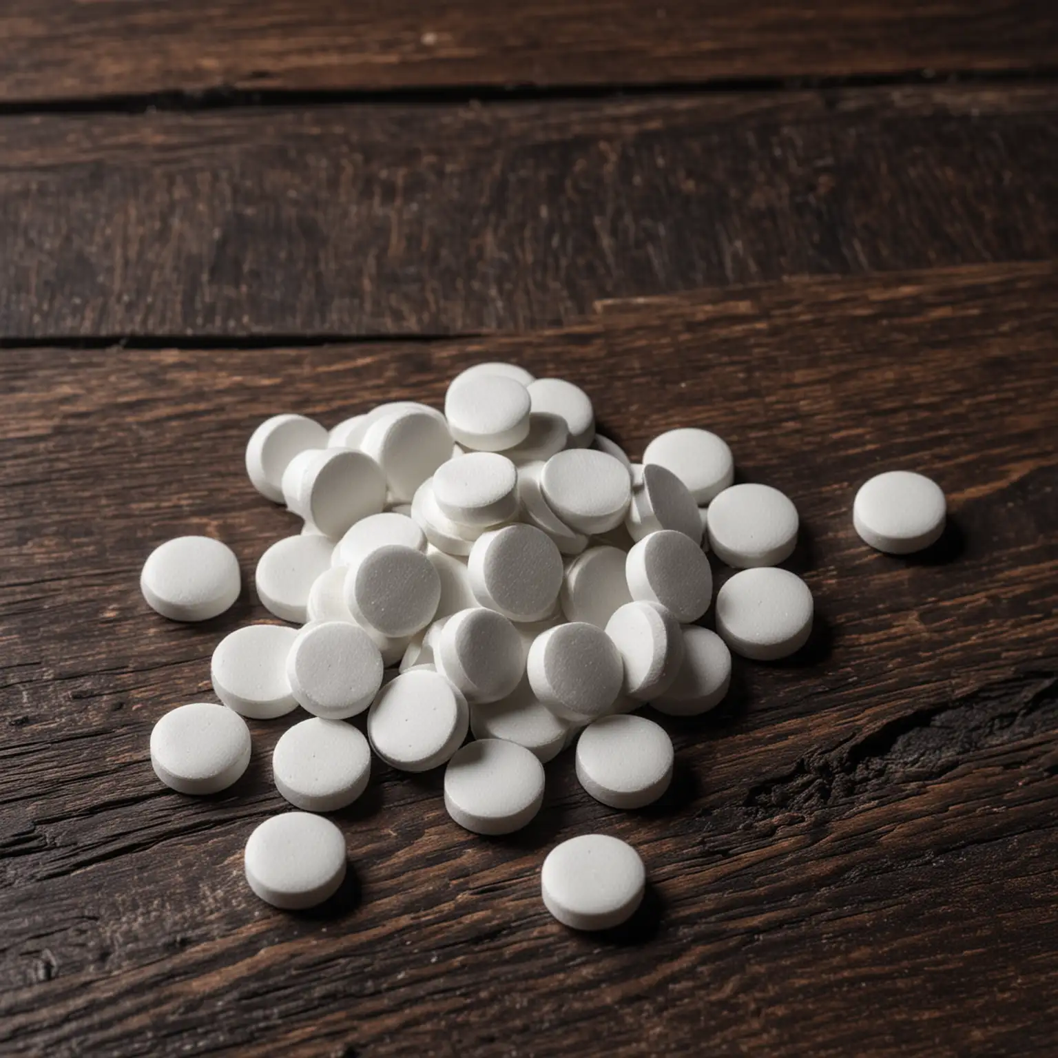 CloseUp of White Supplement Tablets on Dark Wooden Table
