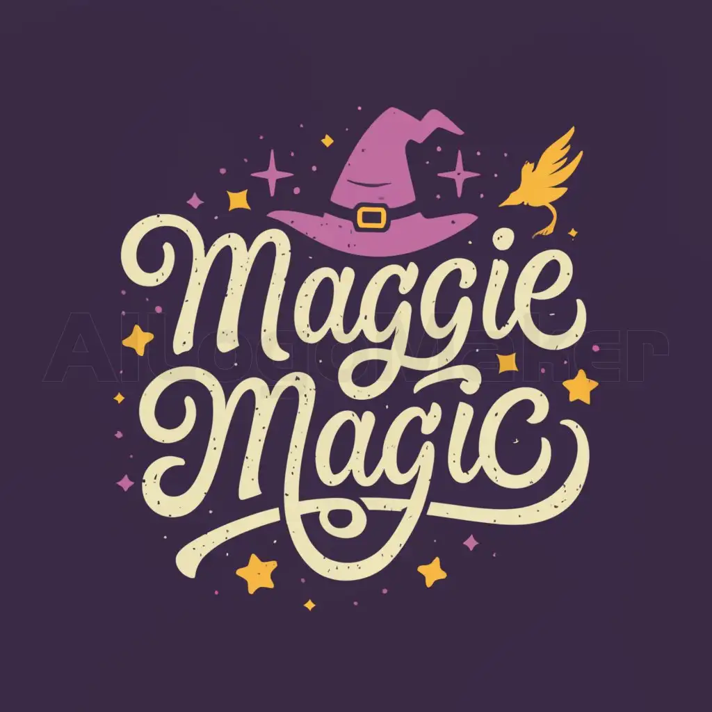 a logo design,with the text "Maggie Magic", main symbol:The game "Maggie Magic" follows the journey of the witch Maggie as she ventures into the enchanted forest to claim the Golden Phoenix, a mythical creature residing in the City of Secrets. Along the way, she encounters numerous adversaries and must gather potions to empower herself and unlock various spells. "Maggie Magic" features a cute and magical typography-based logo concept, blending charm with sorcery.,Moderate,clear background