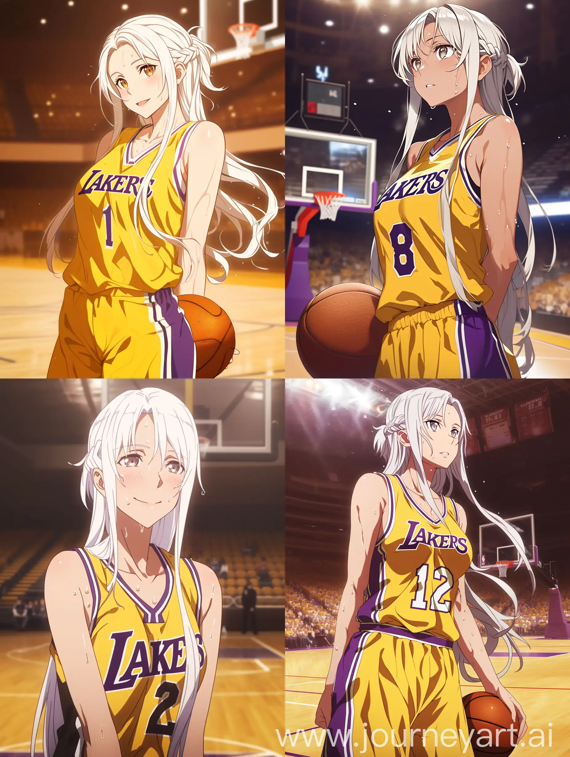 photo screenshot from anime, Girl, White hair, Asuna from sword art online, yellow basketball uniform "LAKERS", sweat, basketball court --niji 6