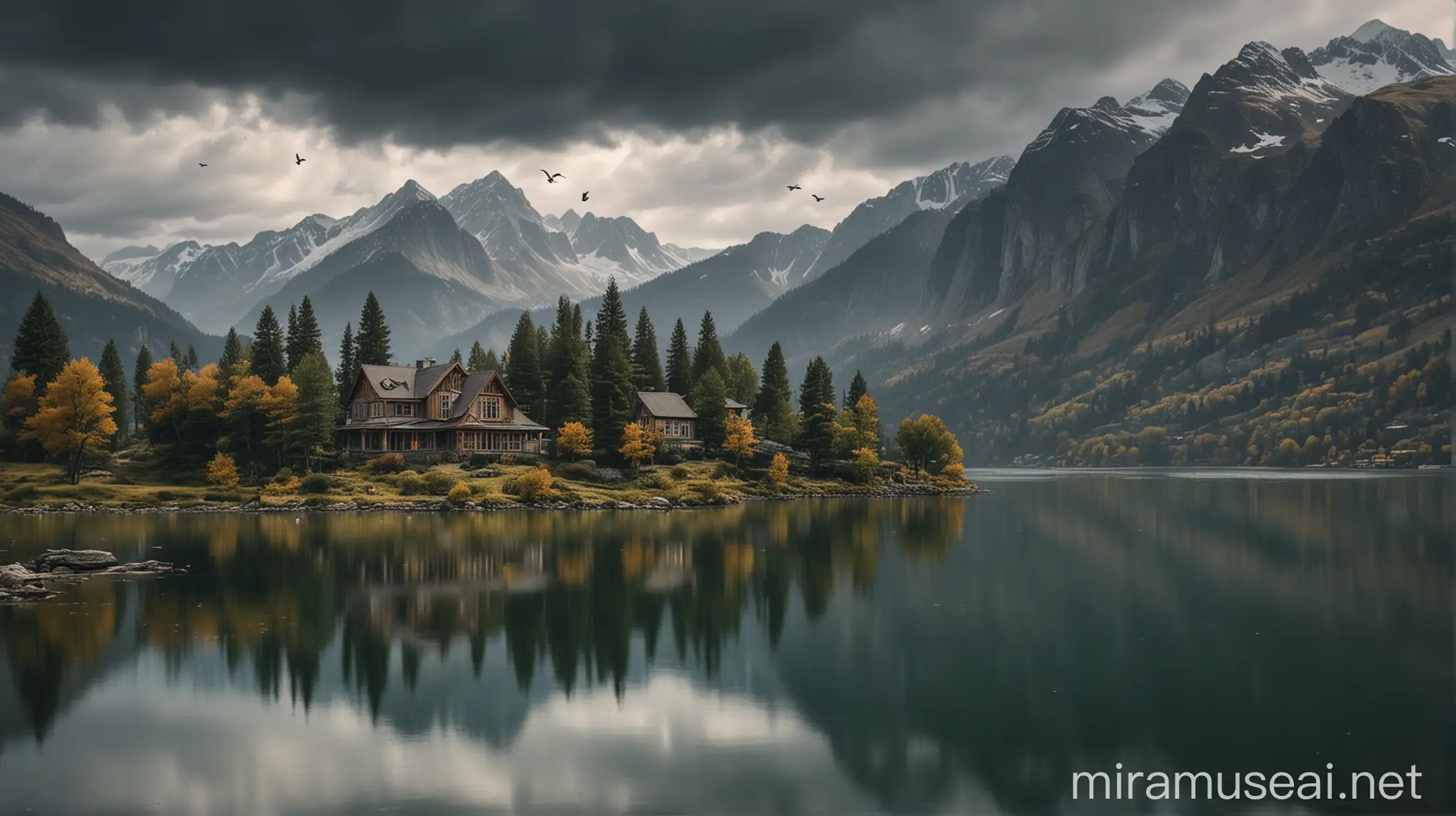 Tranquil Mountain Landscape with Reflective Lake and Quaint House