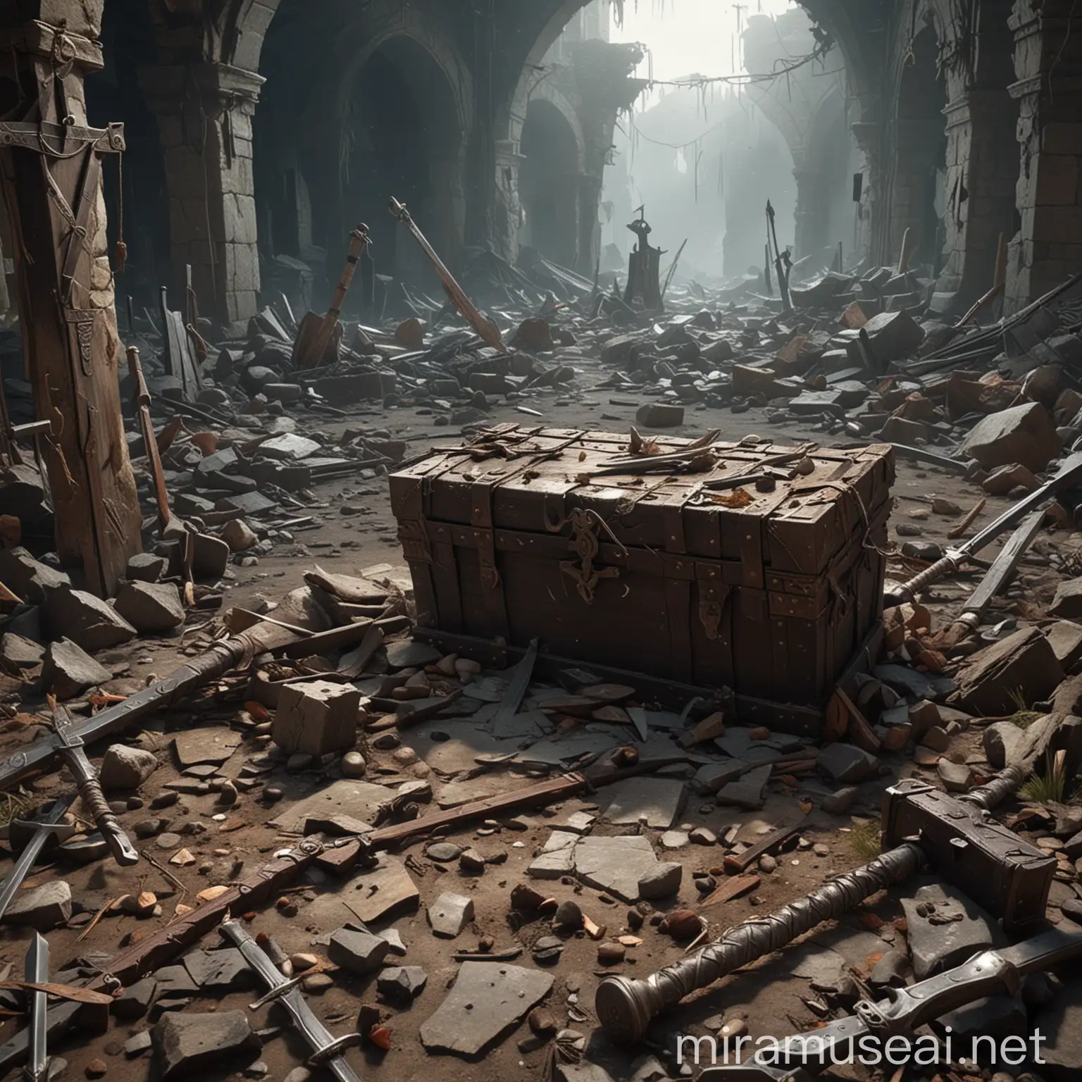 destroyed Neltharium where a chest lies in ruins and different types of weapons are stuck around (swords, axes, sledgehammers, staves) there are traces of magic and witchcraft in the air, and there is a calm and no one around