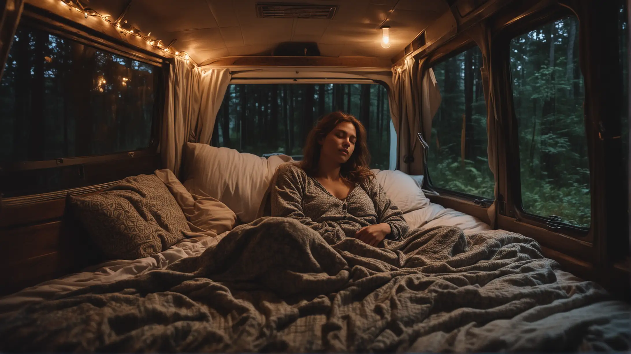Woman Peacefully Sleeping in Camper Van at Night with Forest View