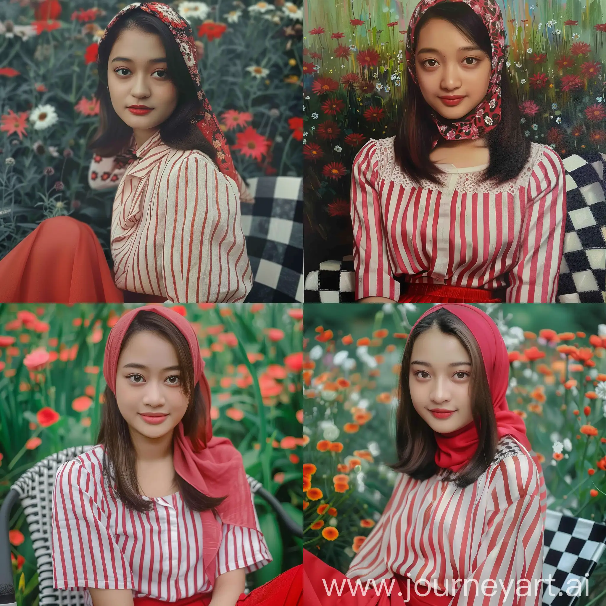Malay-Girl-in-Red-Headscarf-Sitting-in-Flower-Garden