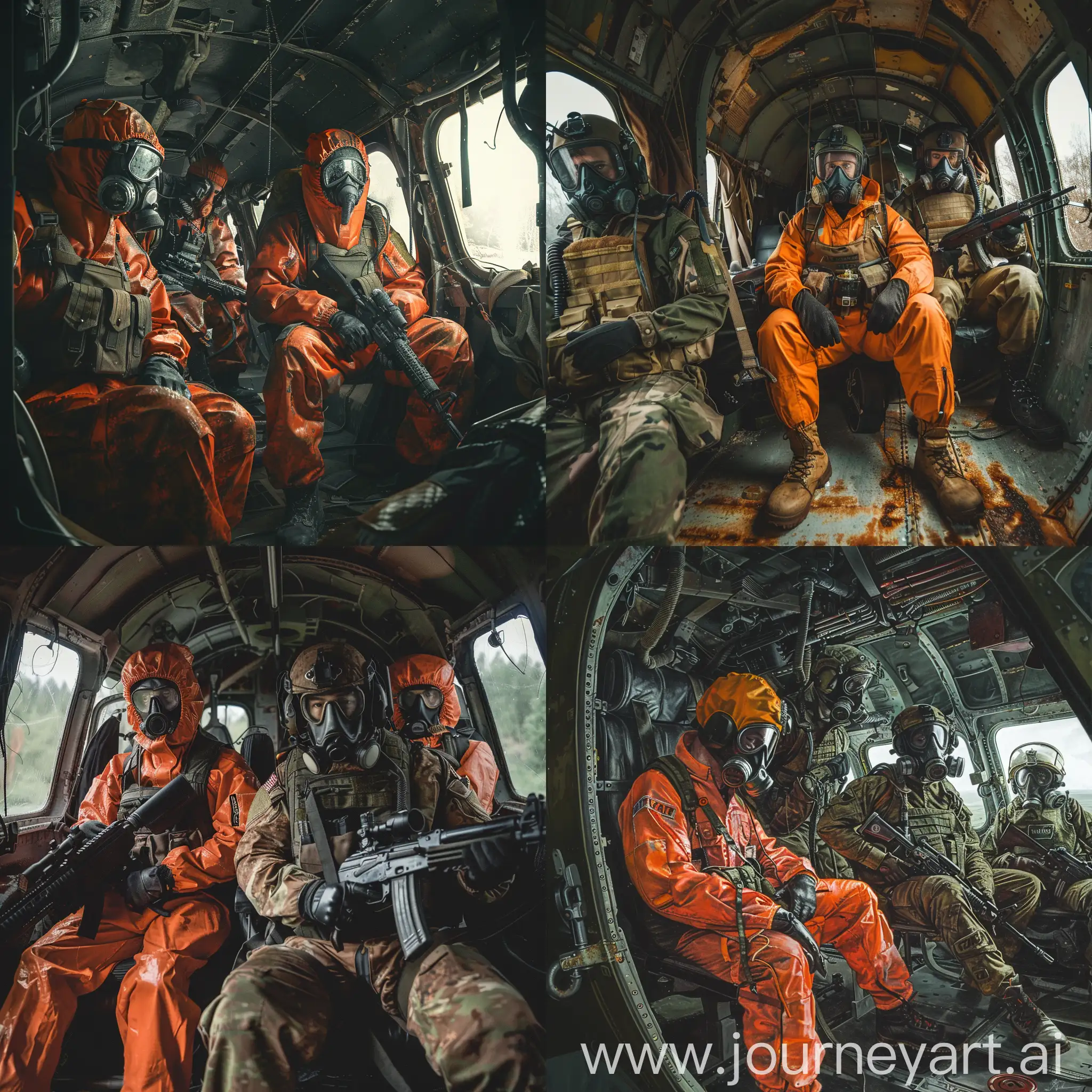 Chernobyl, exclusion zone, A scientist and two military men are sitting inside a military helicopter, a scientist in orange chemical protection with gasmask, military men are dressed in military overalls with unloading, gasmasks, sniper rifle.