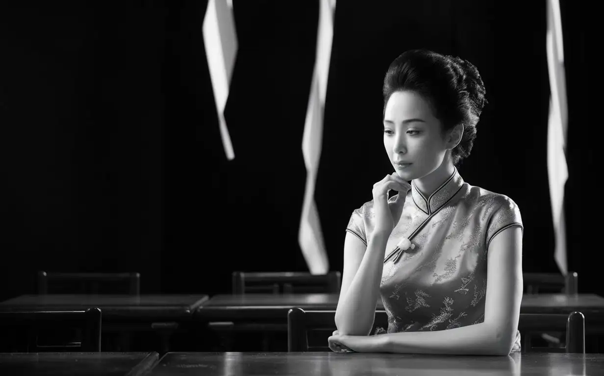 a beautiful Chinese woman is contemplating in a Minsu restaurant background black
