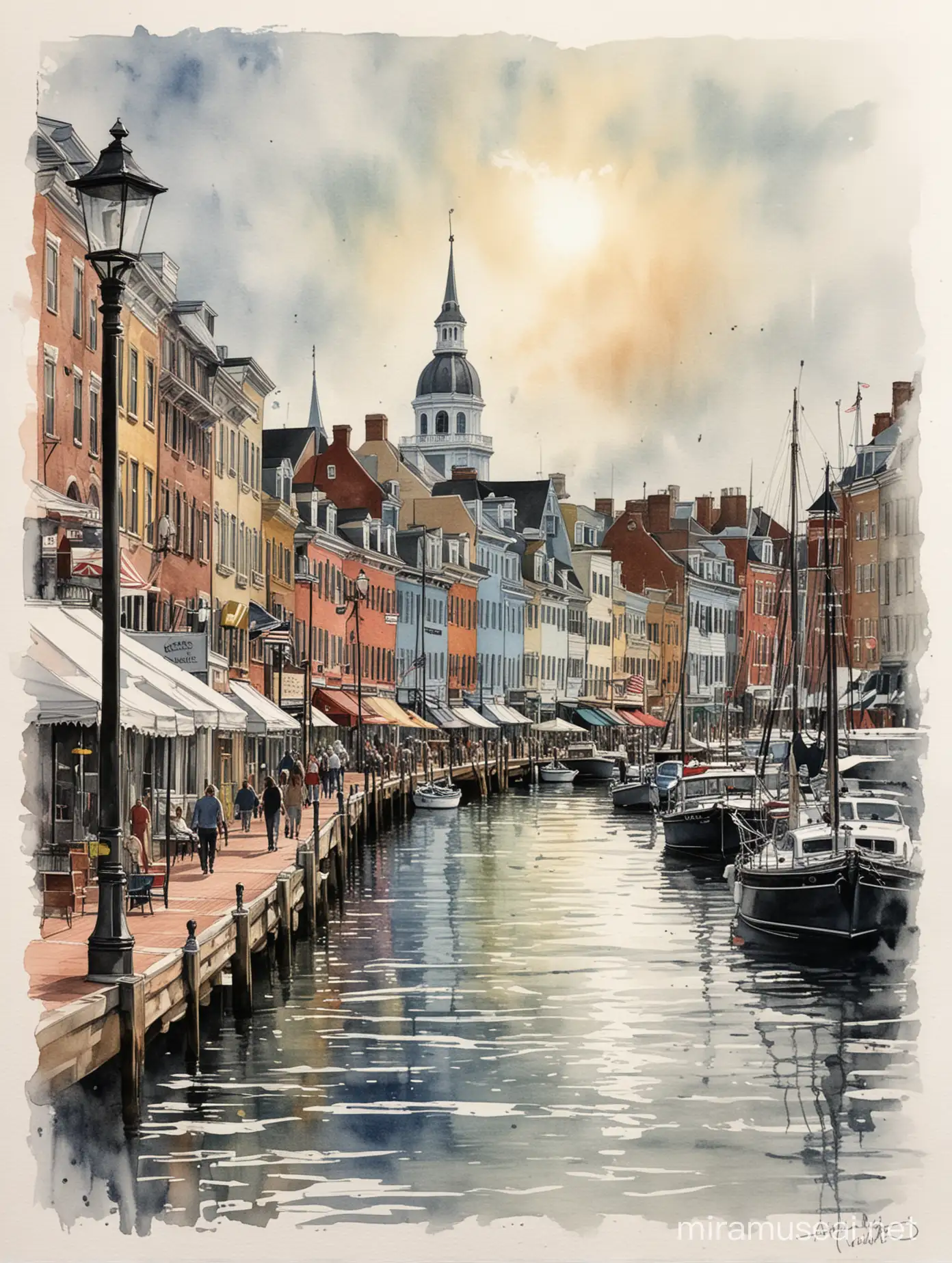 Realistic Abstract Sketch of Downtown Annapolis Maryland with Light Watercolor Accents