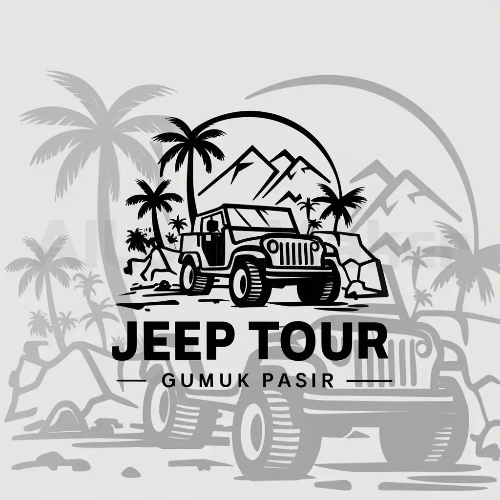 a logo design,with the text "Jeep Tour Gumuk Pasir", main symbol:offroad car, palm tree, mountain, rocks,Moderate,clear background