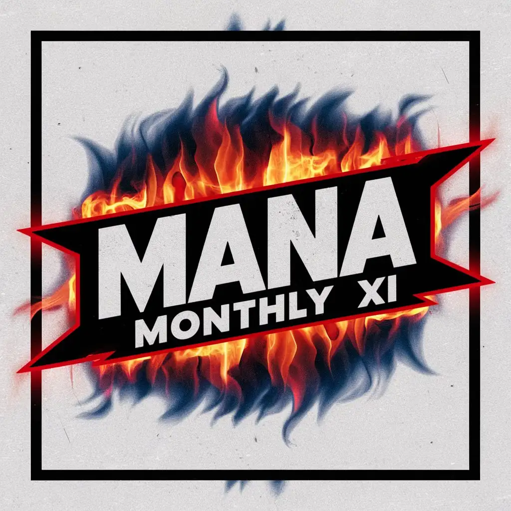 white text with black border "MANA MONTHLY XI" covered in red and blue flames on a blank background