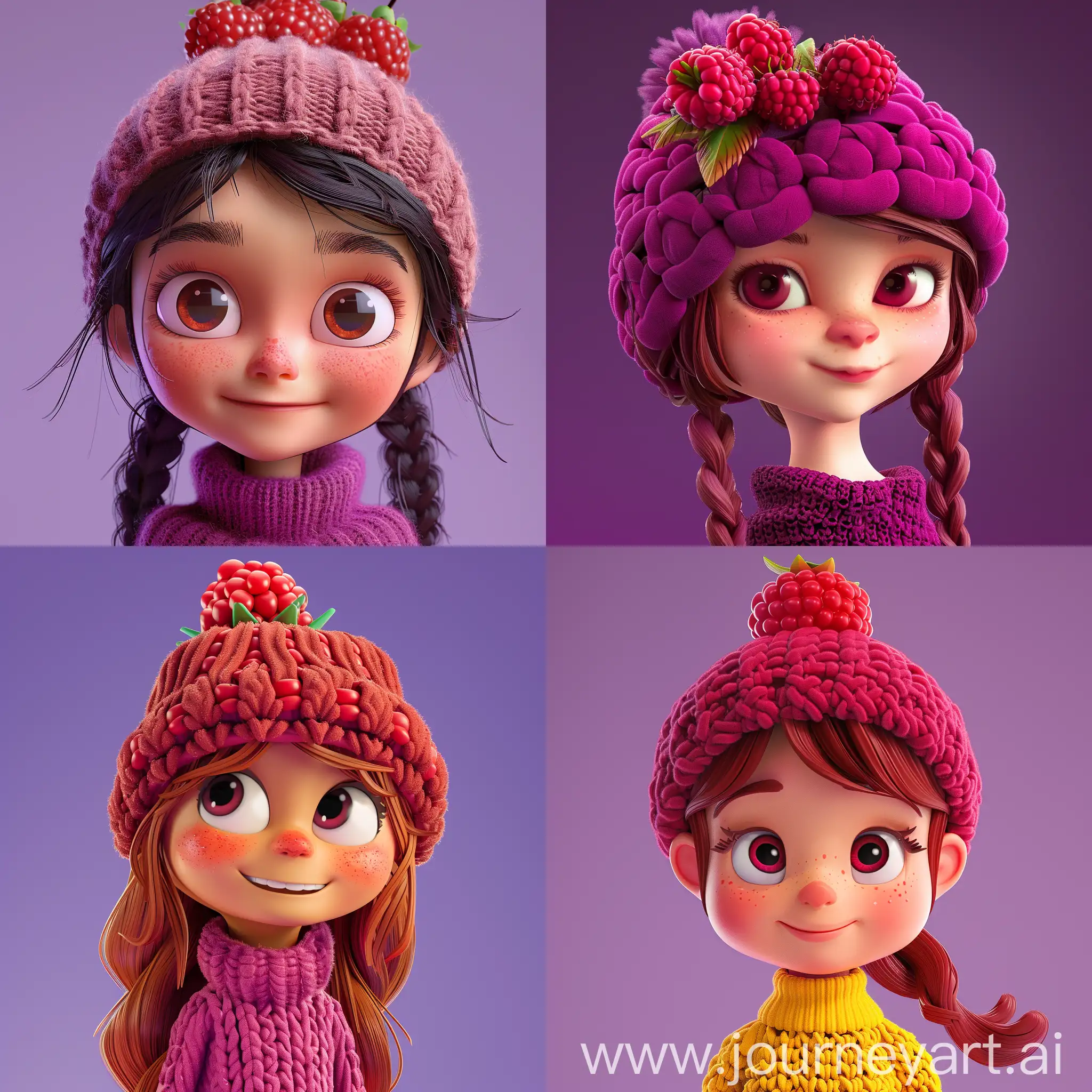 Generate an image, a cute 3d cartoon girl wearing a raspberry hat, purple background