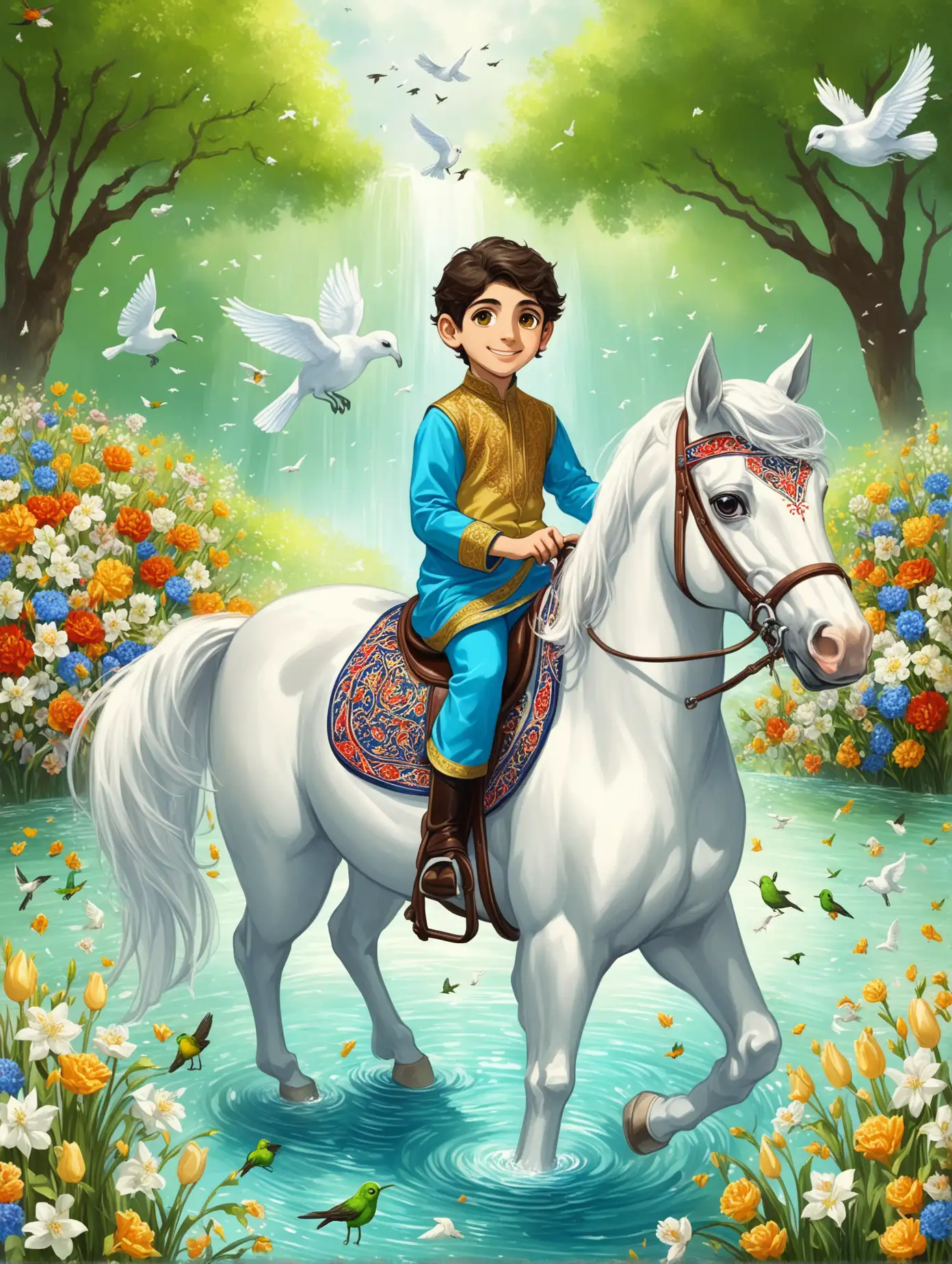 Character Persian 9 years old boy(riding horse, smaller eyes, bigger nose, white skin, cute, smiling, clothes full of Persian designs, heavenly boy).

Atmosphere flowing water from the spring with flowers, nightingales and flying birds in spring.