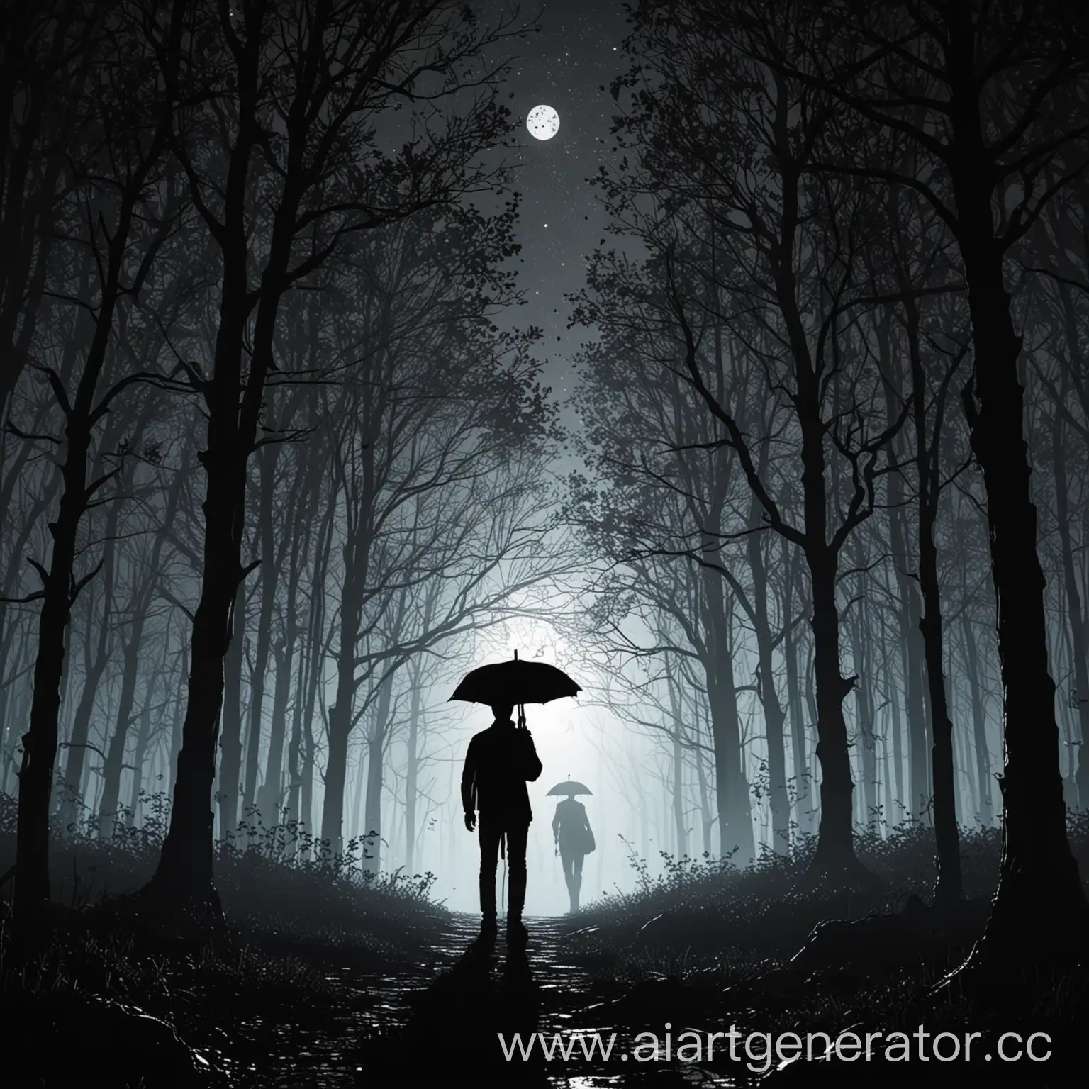 Lonely-Figure-with-Umbrella-in-Enchanted-Forest-at-Night-City-Lights-in-Distance-Comic-Style-Art