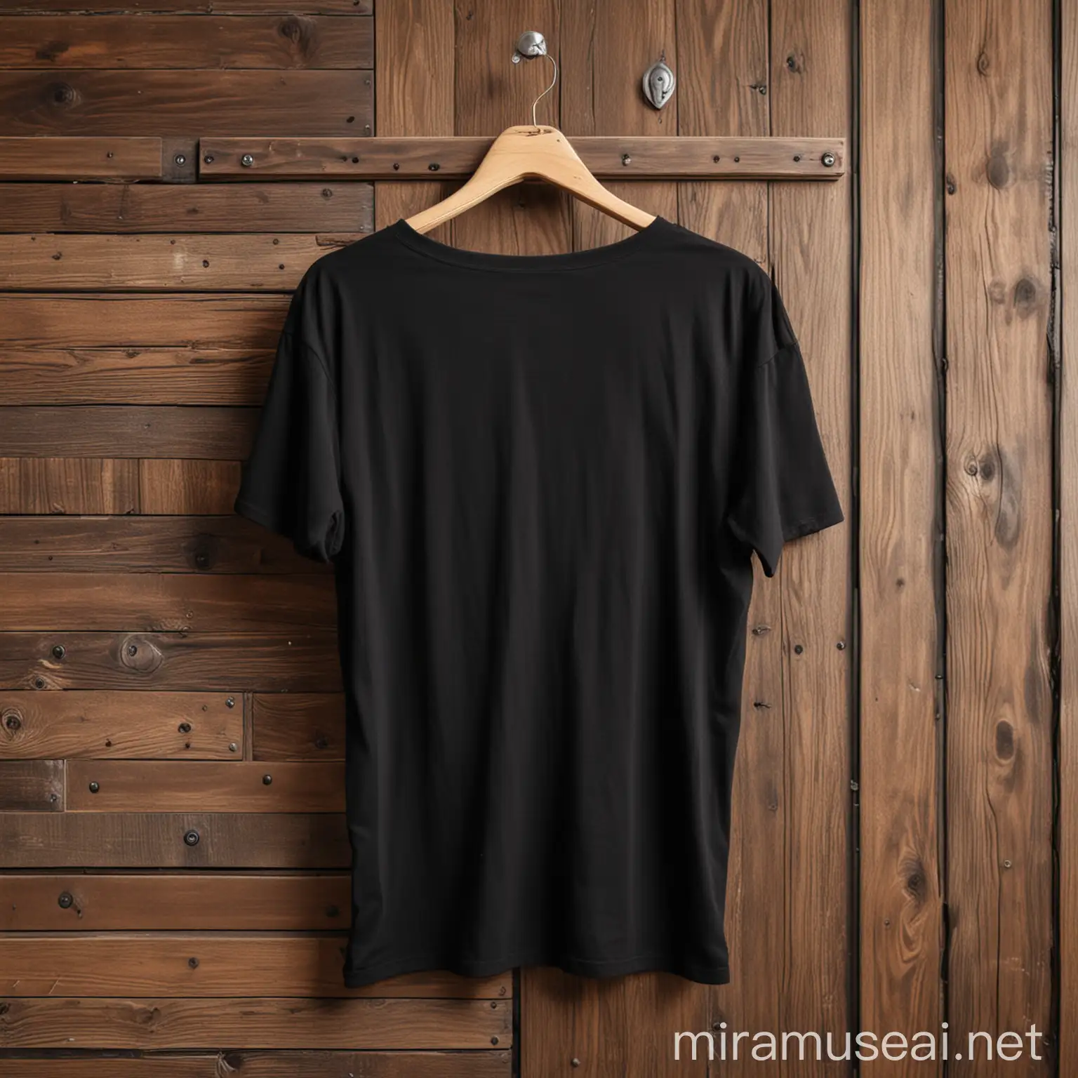 Black Plain TShirt Hanging on Wooden Wall with Nail