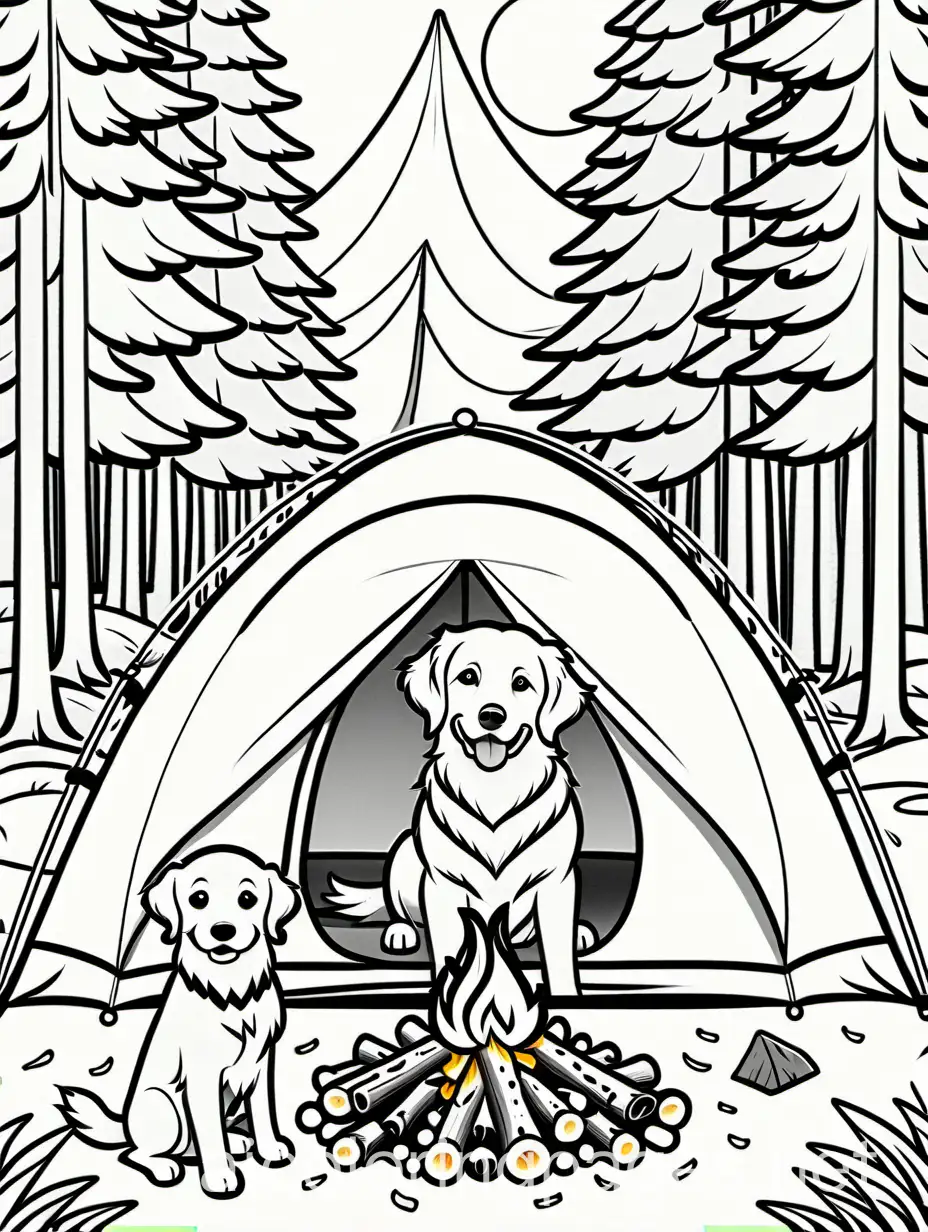 Coloring Page, black and white, line art, white background, Simplicity, Ample White Space. The background of the coloring page is plain white to make it easy for young children to color within the lines. A Golden Retriever with a family on a camping trip, roasting marshmallows by a campfire with a tent and pine trees in the background.