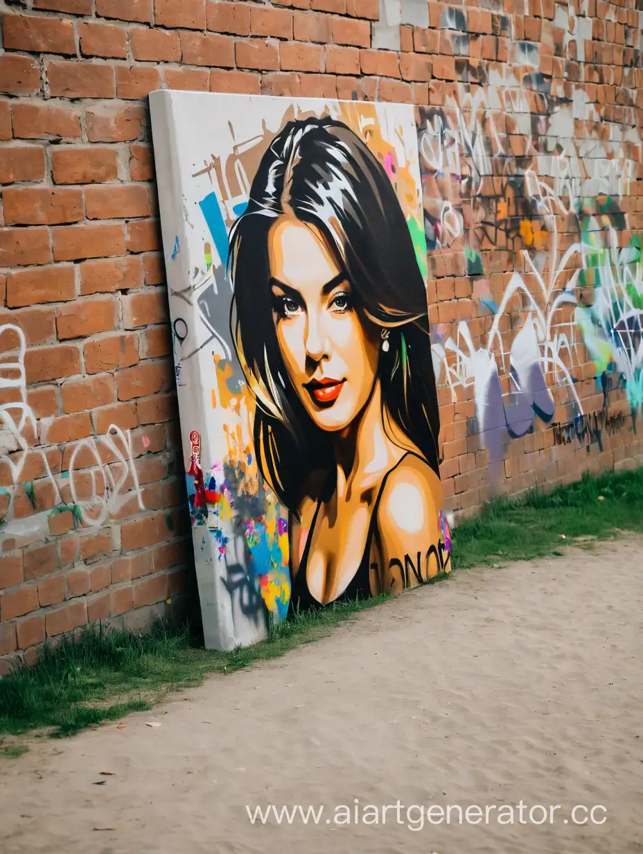 Portrait on canvas.The portrait stands in the park on the grass. The shadow of the portrait falls on the wall and the ground. The wall is covered with graffiti. The portrait is held by a girl
