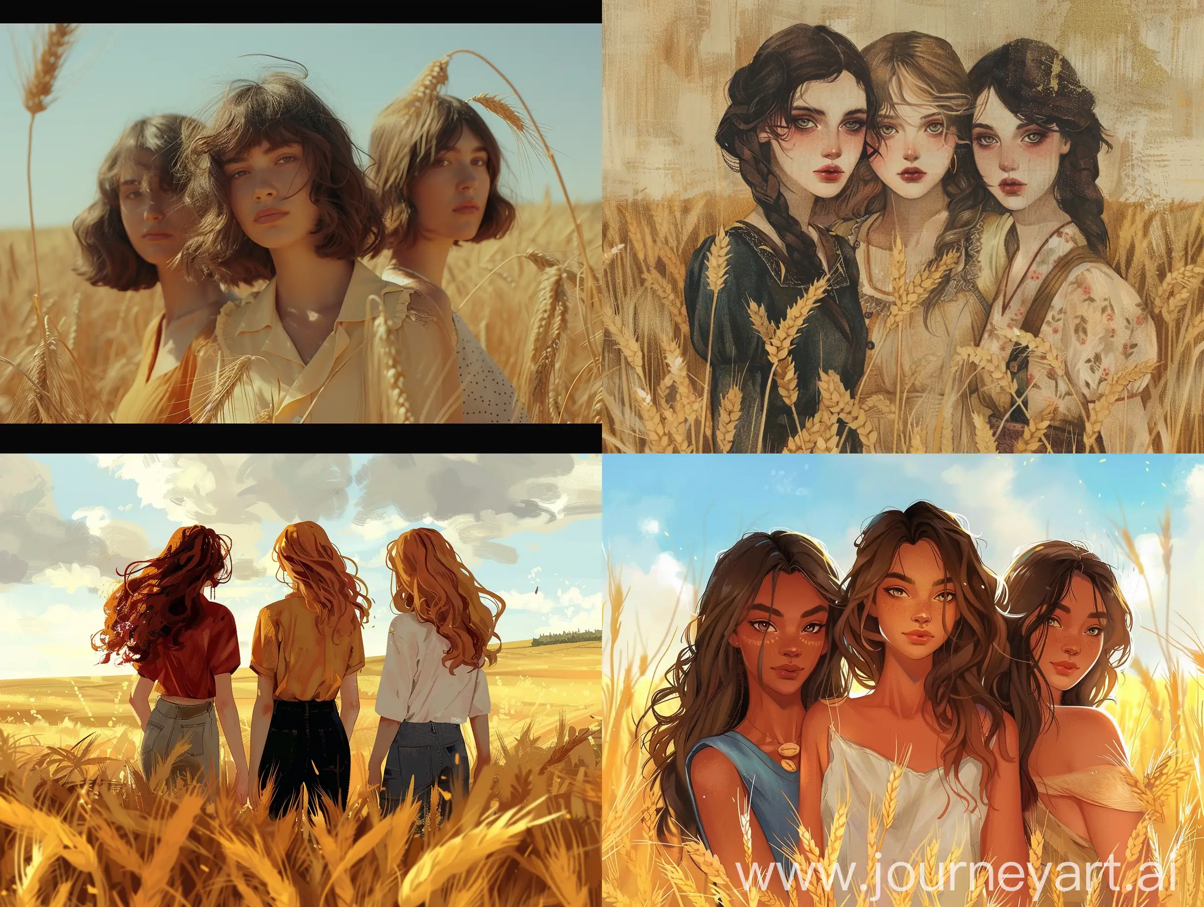 Three girls in a wheat field, one of them has waist-length styled hair, one of them has straight neck-length hair, and the other has shoulder-length styled hair.