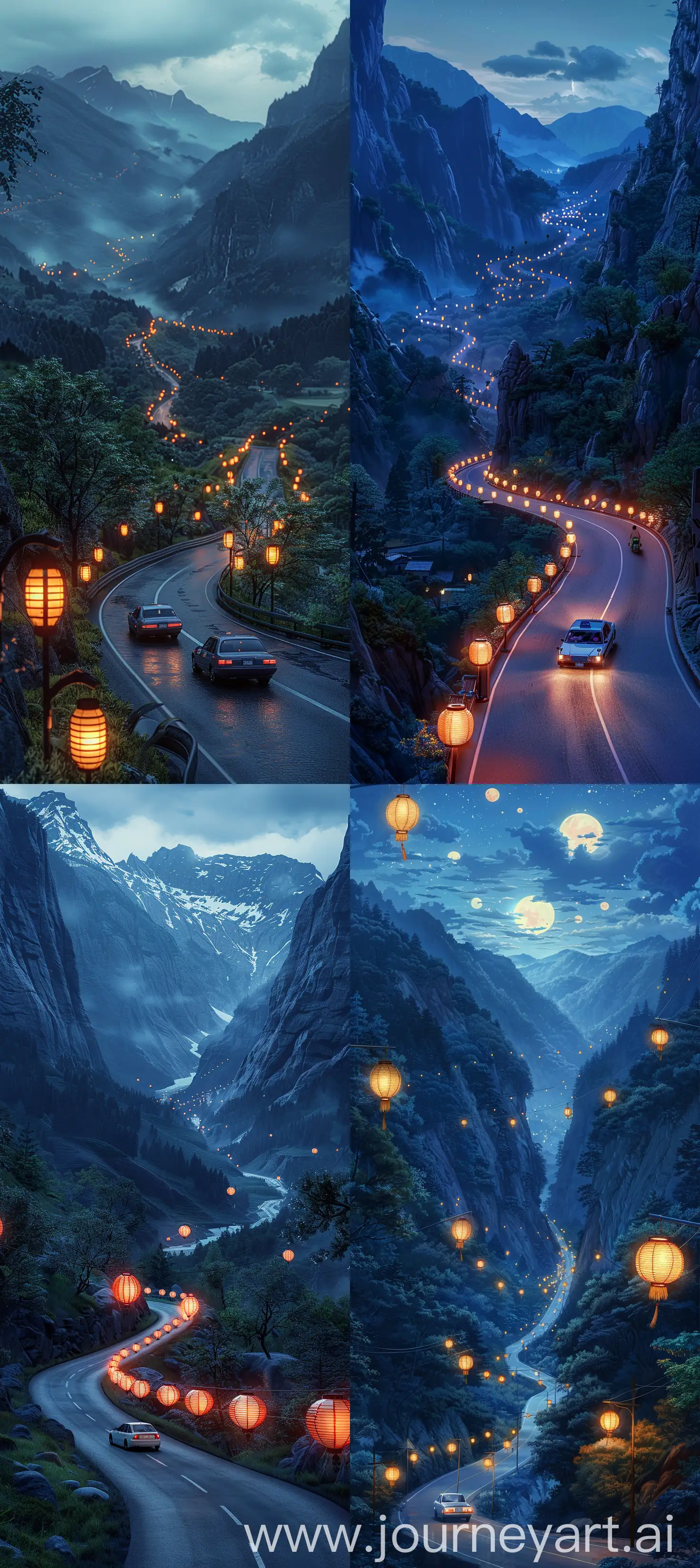  Ghibli studios aesthetic, serene mountain scenery at night, a solitary car cruising an empty winding road through a valley, roadside dotted with glowing Japanese lanterns, anime art style, peaceful yet mysterious atmosphere --ar 57:128 --s 300 --c 15 --v 6 --relax