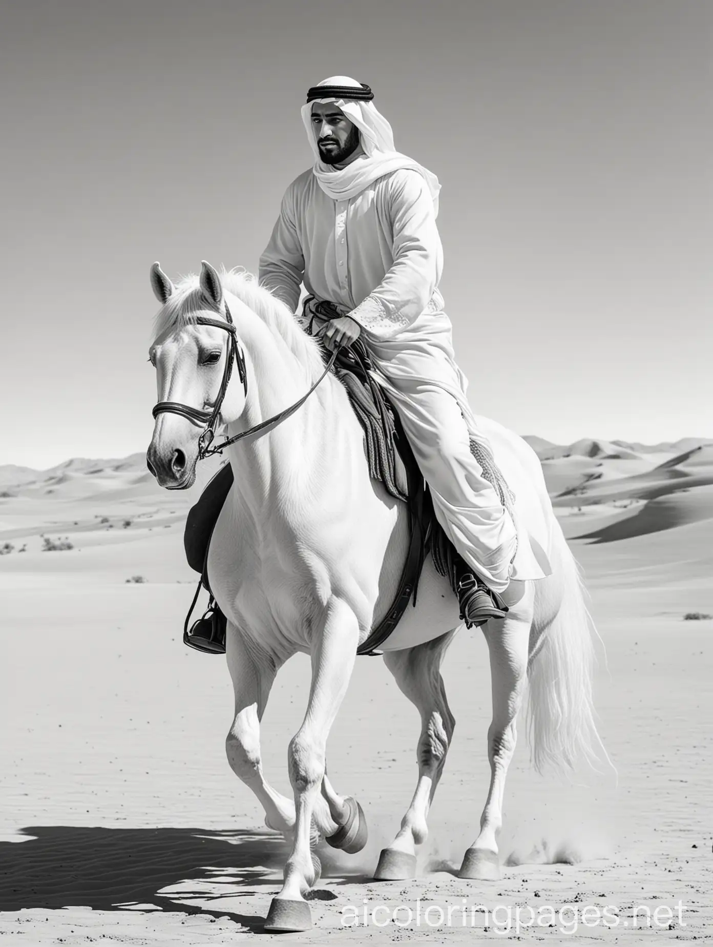 Create an image of an Arab man on a white mare pony in the desert, Coloring Page, black and white, line art, white background, Simplicity, Ample White Space