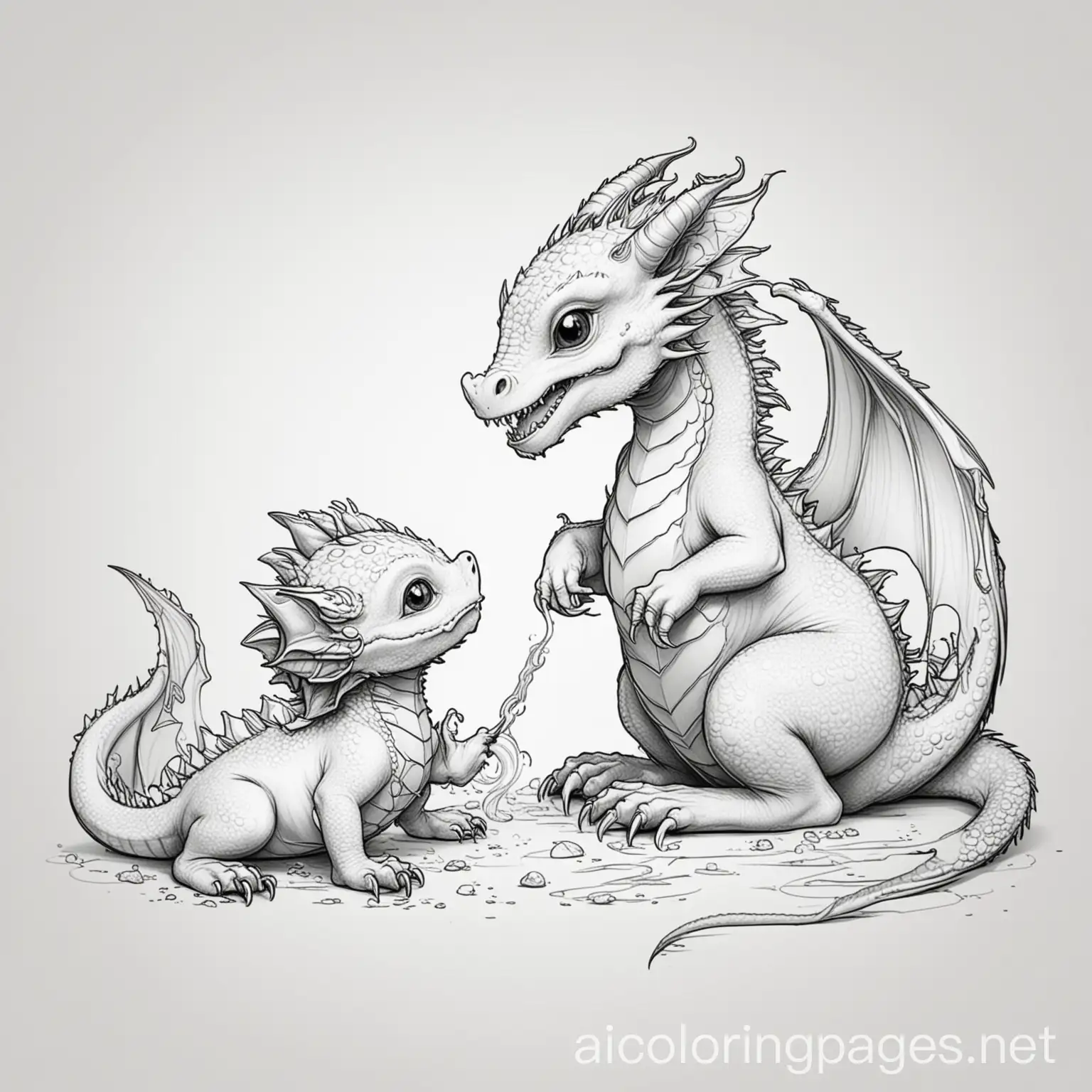 babydragon playing with child, Coloring Page, black and white, line art, white background, Simplicity, Ample White Space