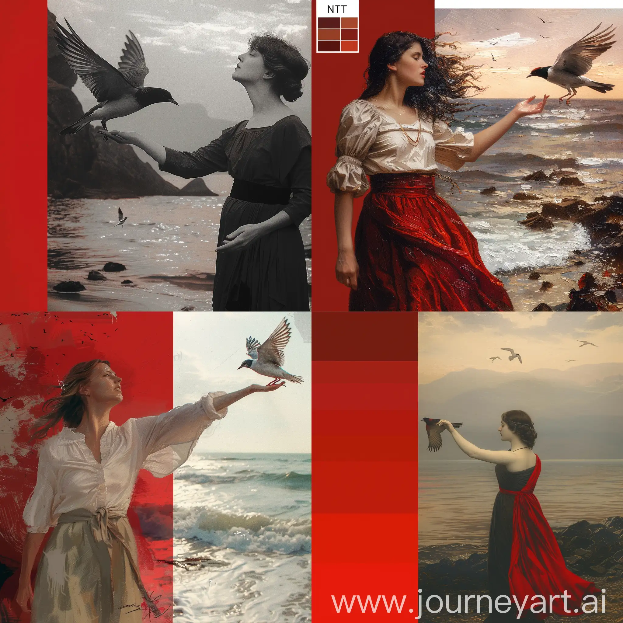The type of image I have in mind is Portraits and Digital Paintings.  Description for the design I have in mind:  The image I have in mind for the NFT is of a woman standing by the sea, releasing a bird from her hand, symbolizing power, freedom, and independence of a woman. Considering that my target audience is women seeking inspiration, enthusiasm, and independence, as well as young individuals and generations who have grown up in the digital culture and are active in the field of women’s rights.  The color palette I have in mind for this design includes the following:  Bright Red:  HEX code: 