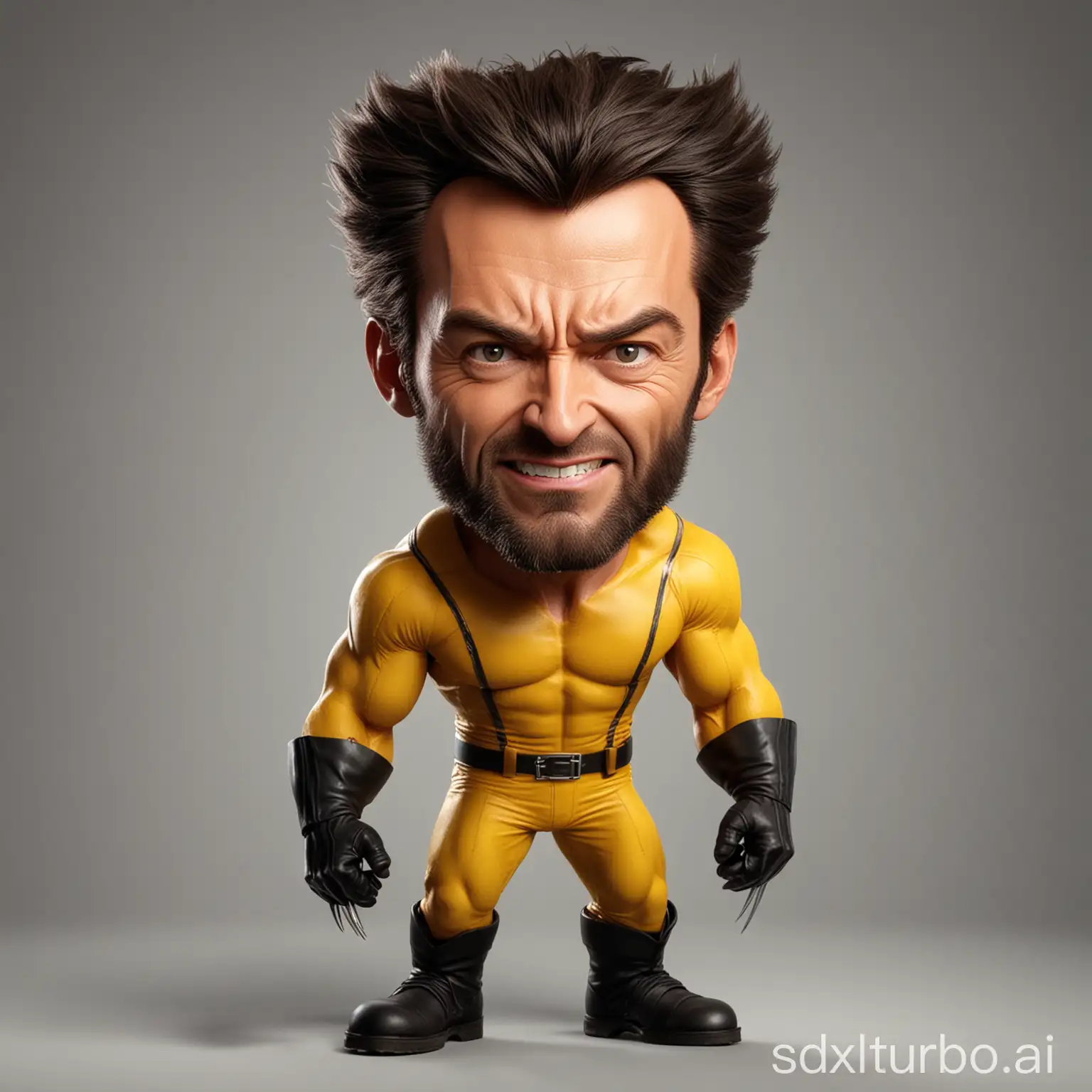 head to toe cartoon caricature of hugh jackman  as wolverine (((without mask))) in yellow classic costume, exageration, big head caricature style, full body view, xmen movie scene film background, high quality, best quality