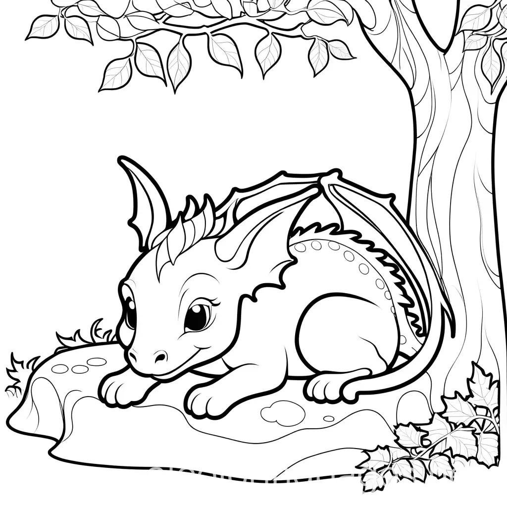 Cute-Dragon-Sleeping-Under-Tree-Coloring-Page