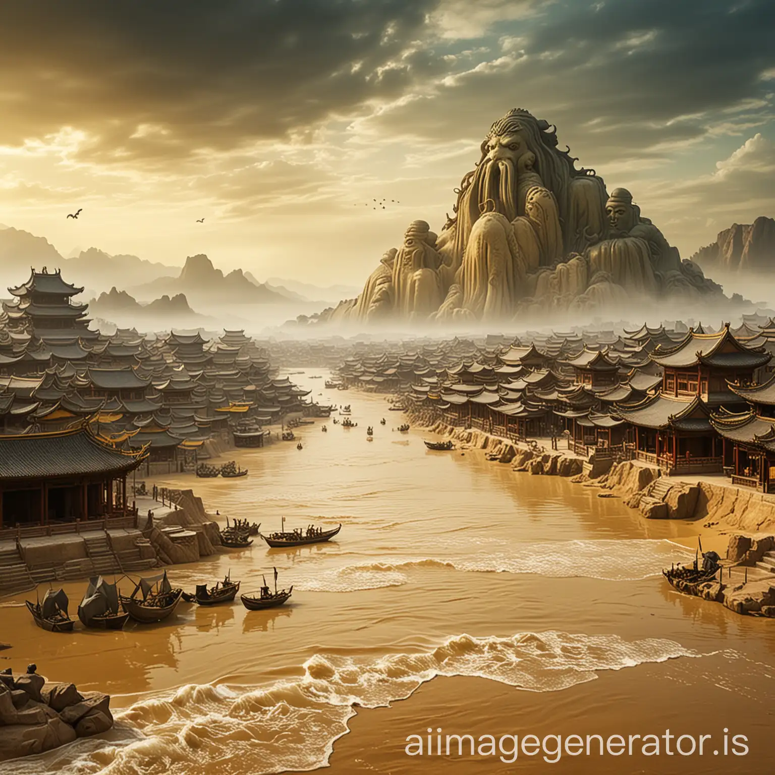 中国唐朝，西域小城，漫天黄沙，水墨画风格，城中心是克苏鲁神话当中的大衮