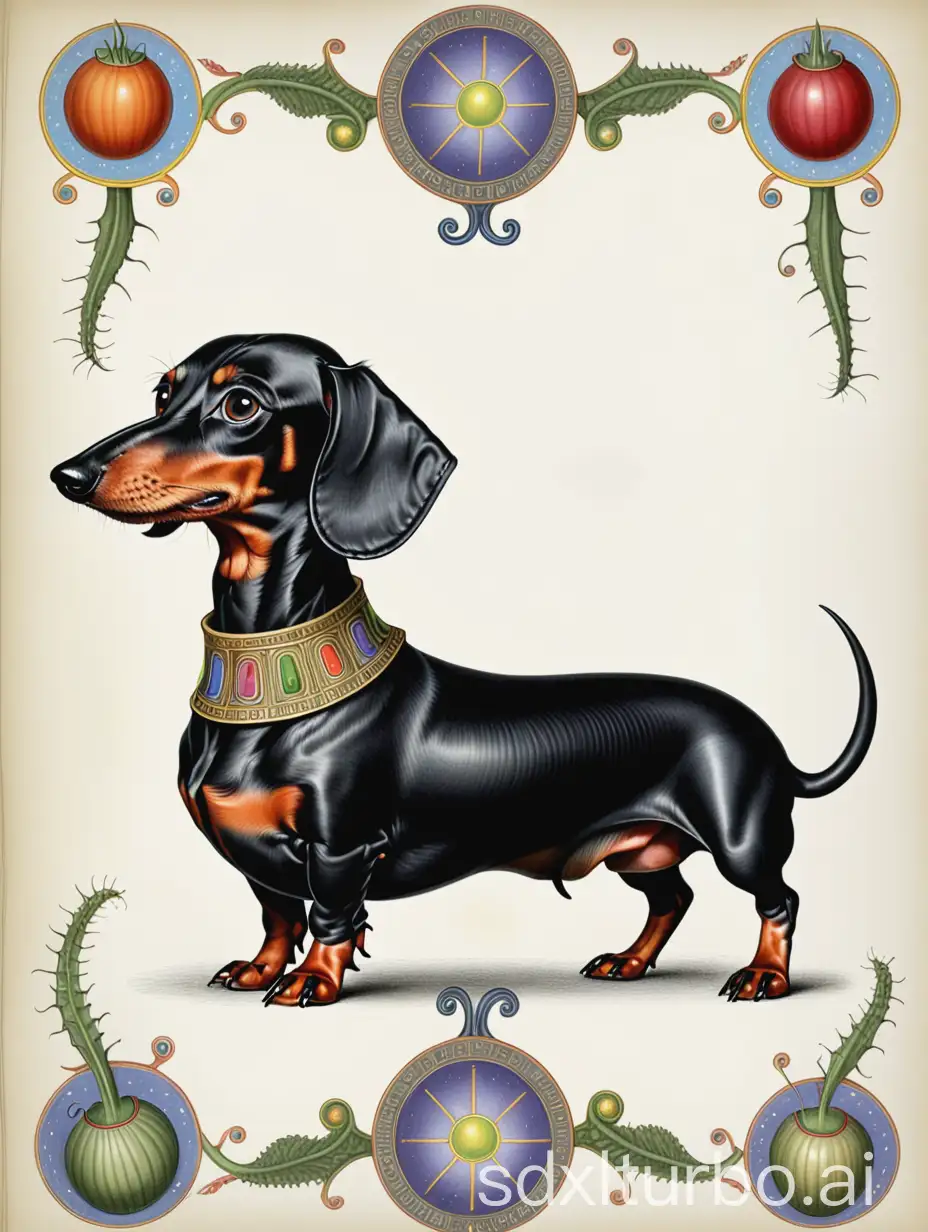 Dog dachshund black in the style of the codex seraphinianus