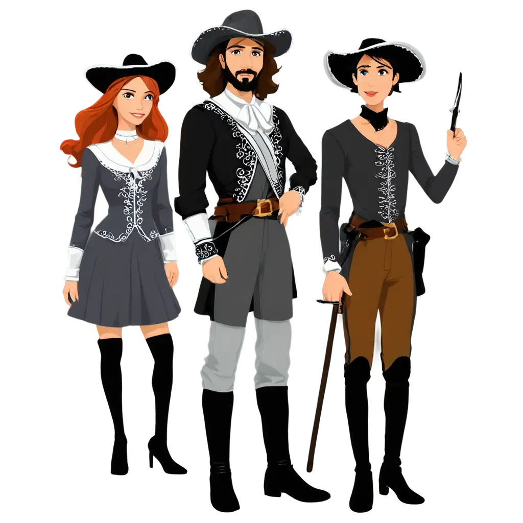 CARTOON  two female musketeers and one male musketeer on theater stage