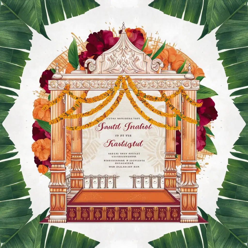 Create a South Indian wedding invitation card, with traditional elements and modern aesthetics, use design elements like banana leaves, marigold flowers, and traditional South Indian mandap,  in an artistic style,  