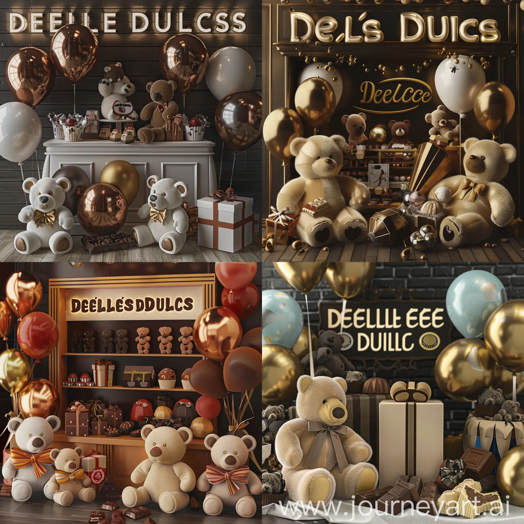 Create a 3D image of a gift shop with teddy bears, balloons, and chocolates, featuring the DETALLES DULCES logo."