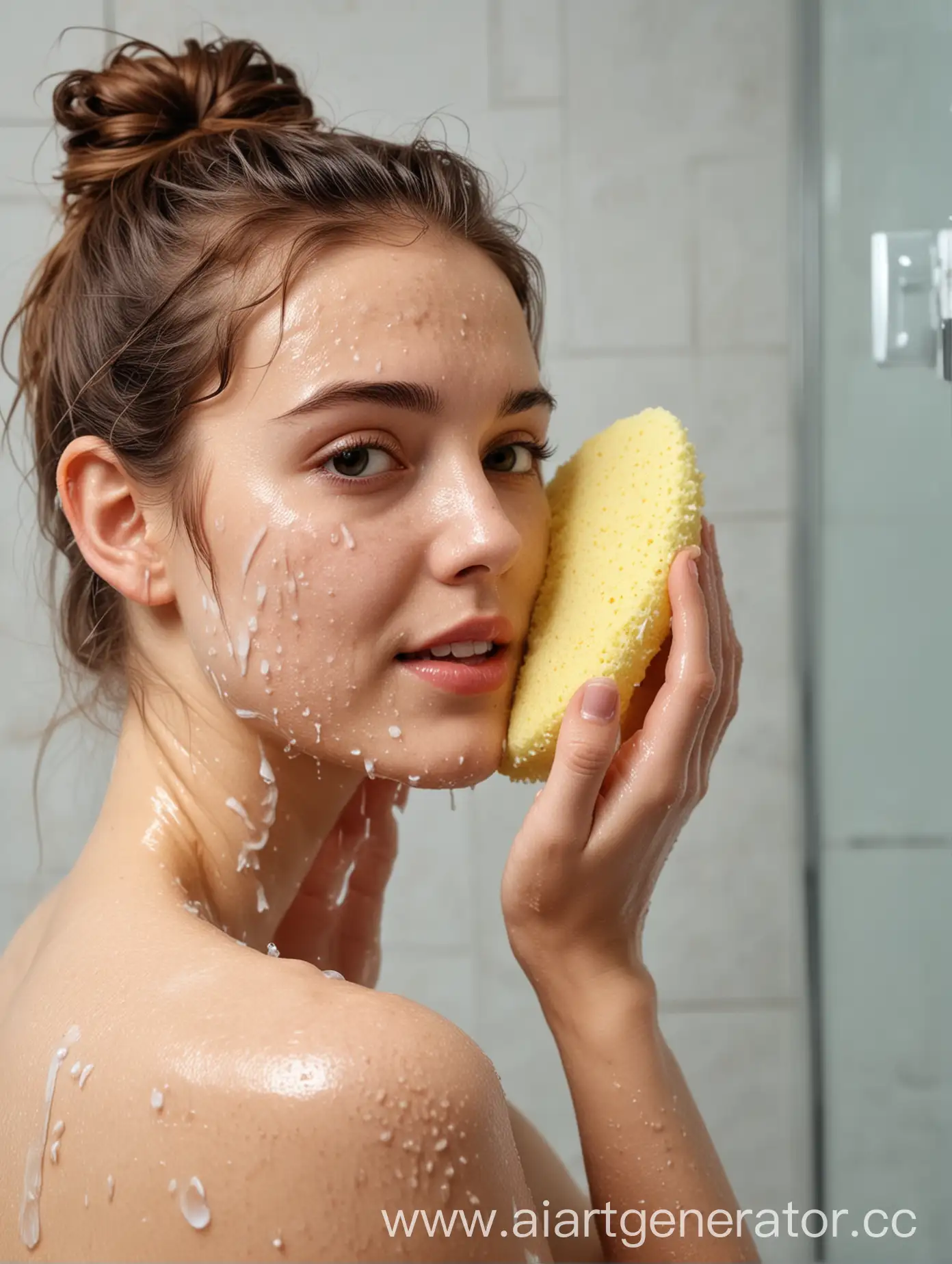 Young-Girl-Bathing-with-Sponge-and-Foam-in-the-Shower