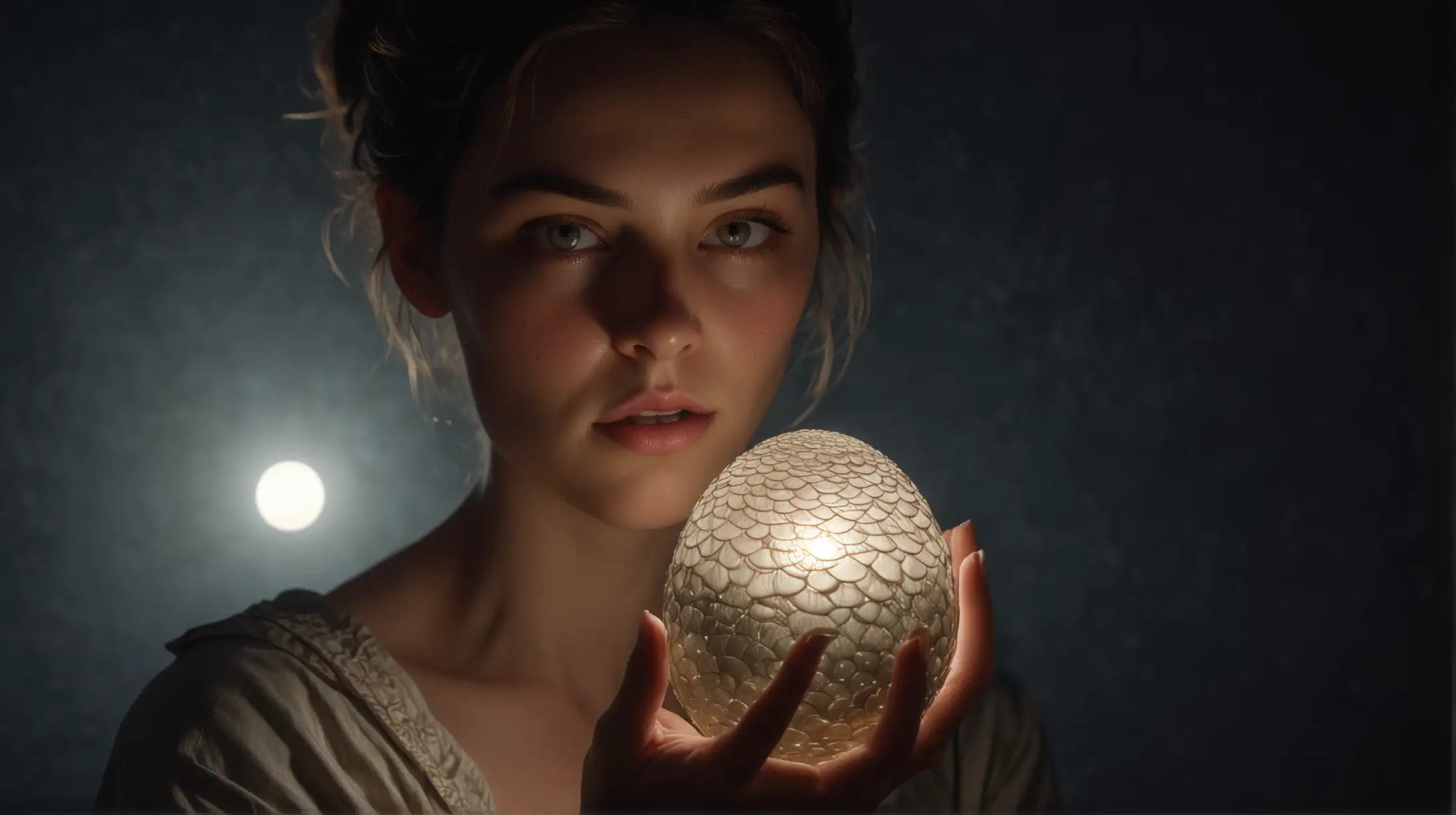 portrait of a woman wearing a dragon egg in her hands, captivating, high-quality hyperrealistic, 8K Ultra HD, The woman is represented, by moonlight, features bathed in soft and diffuse light that accentuates the delicate nuances of expressions. The artist, inspired by the precision of Sargent.